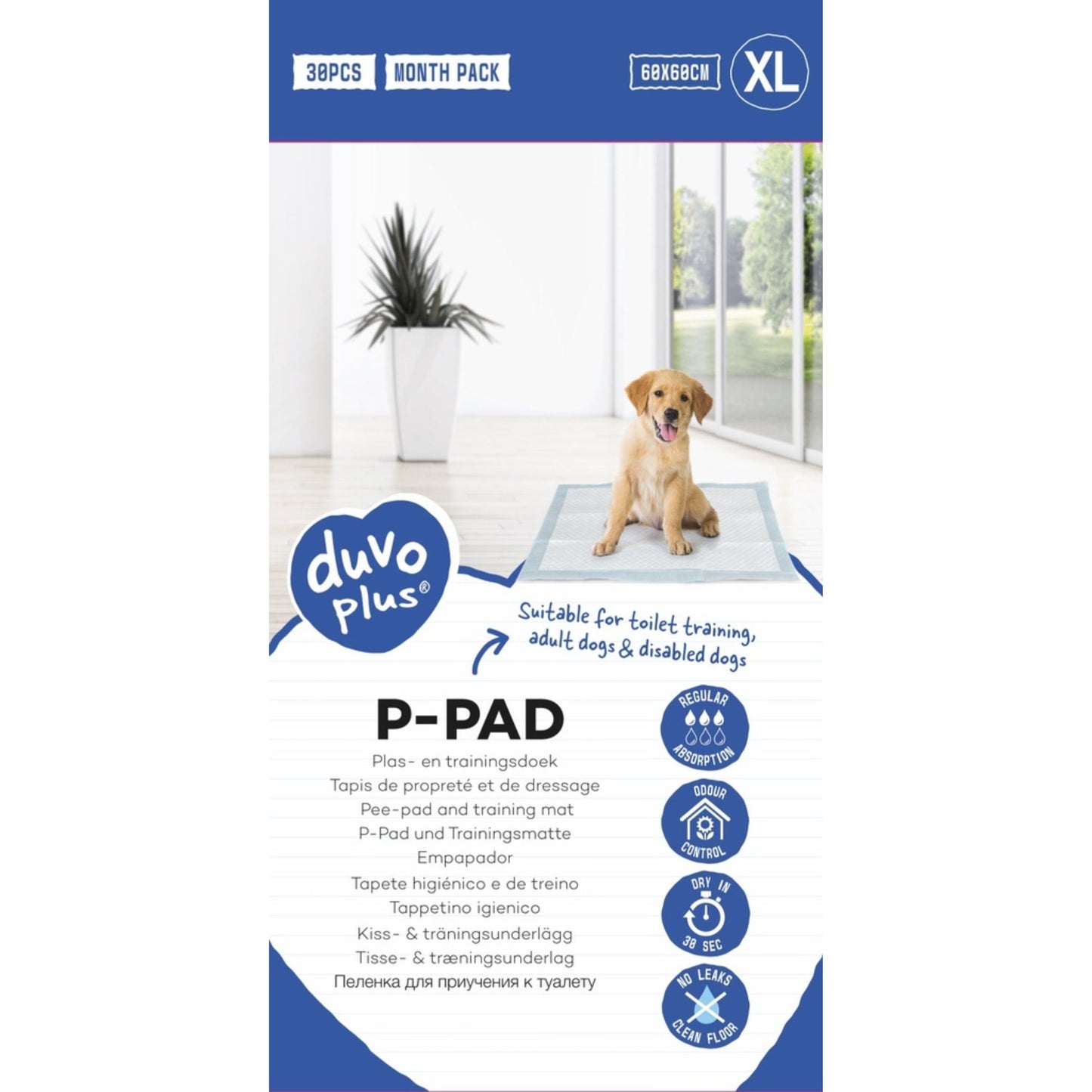 Duvo Plus P-Pad packaging with a dog on a mat in a room setting