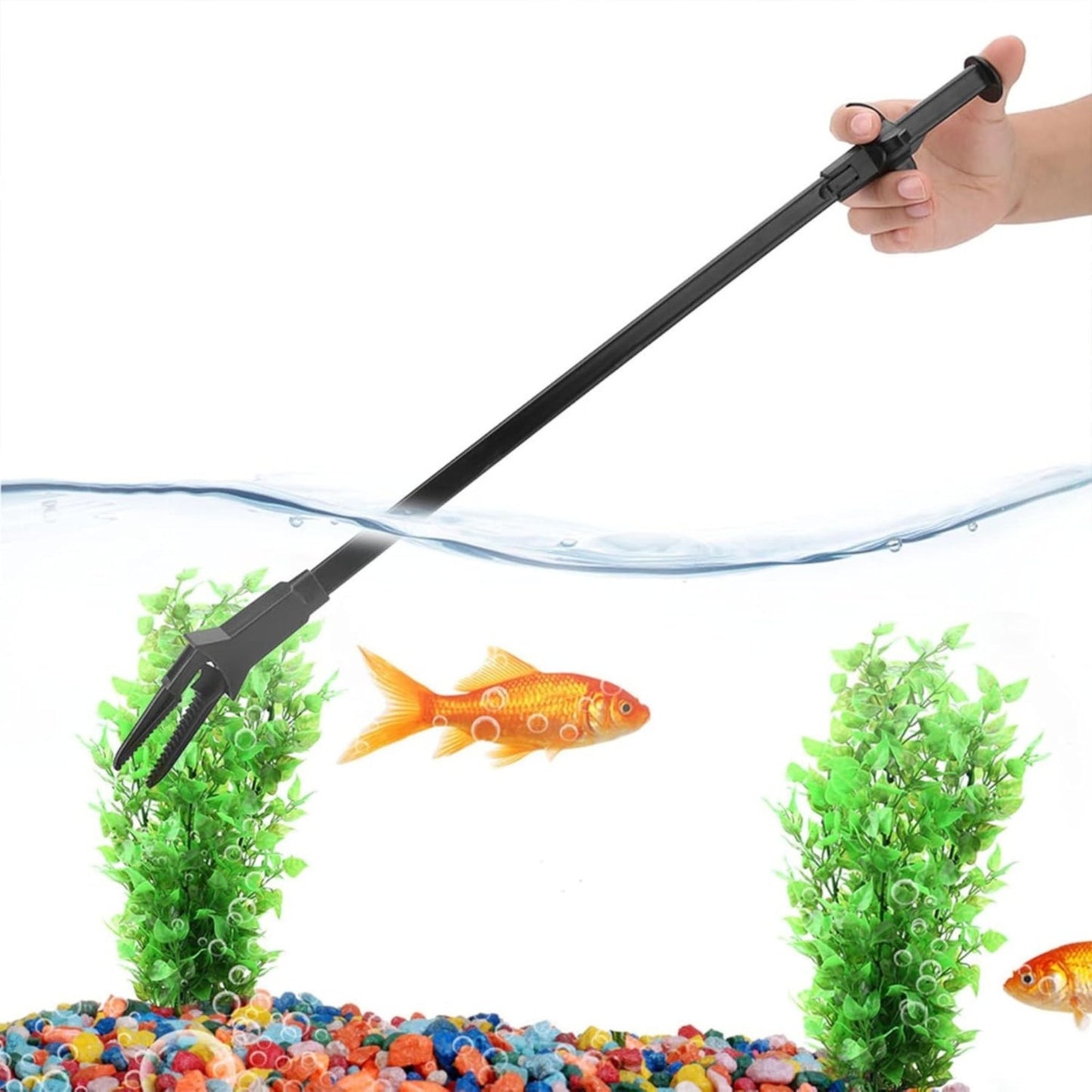 Aquarium cleaning tool with a fish and decorative elements on a white background