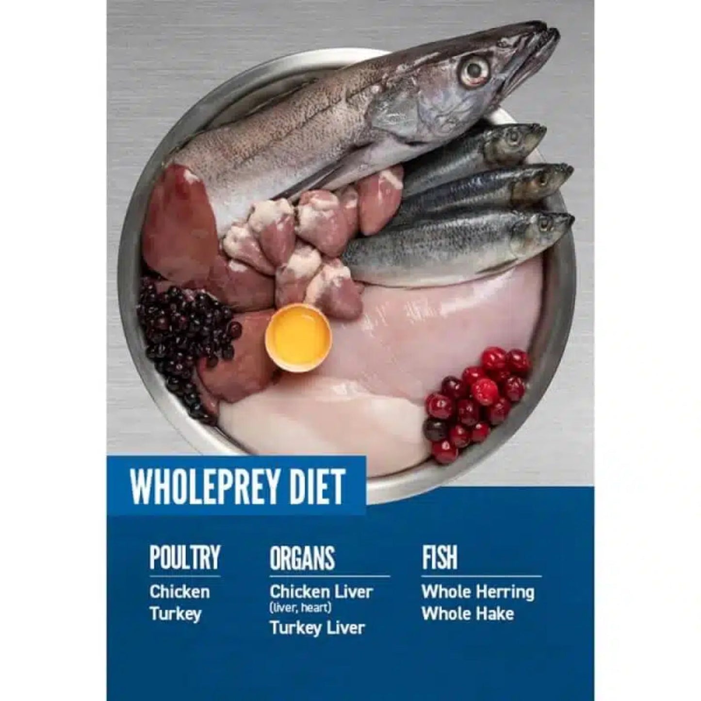 Wholeprey diet product with raw ingredients including fish, poultry, and organs on a gray background.