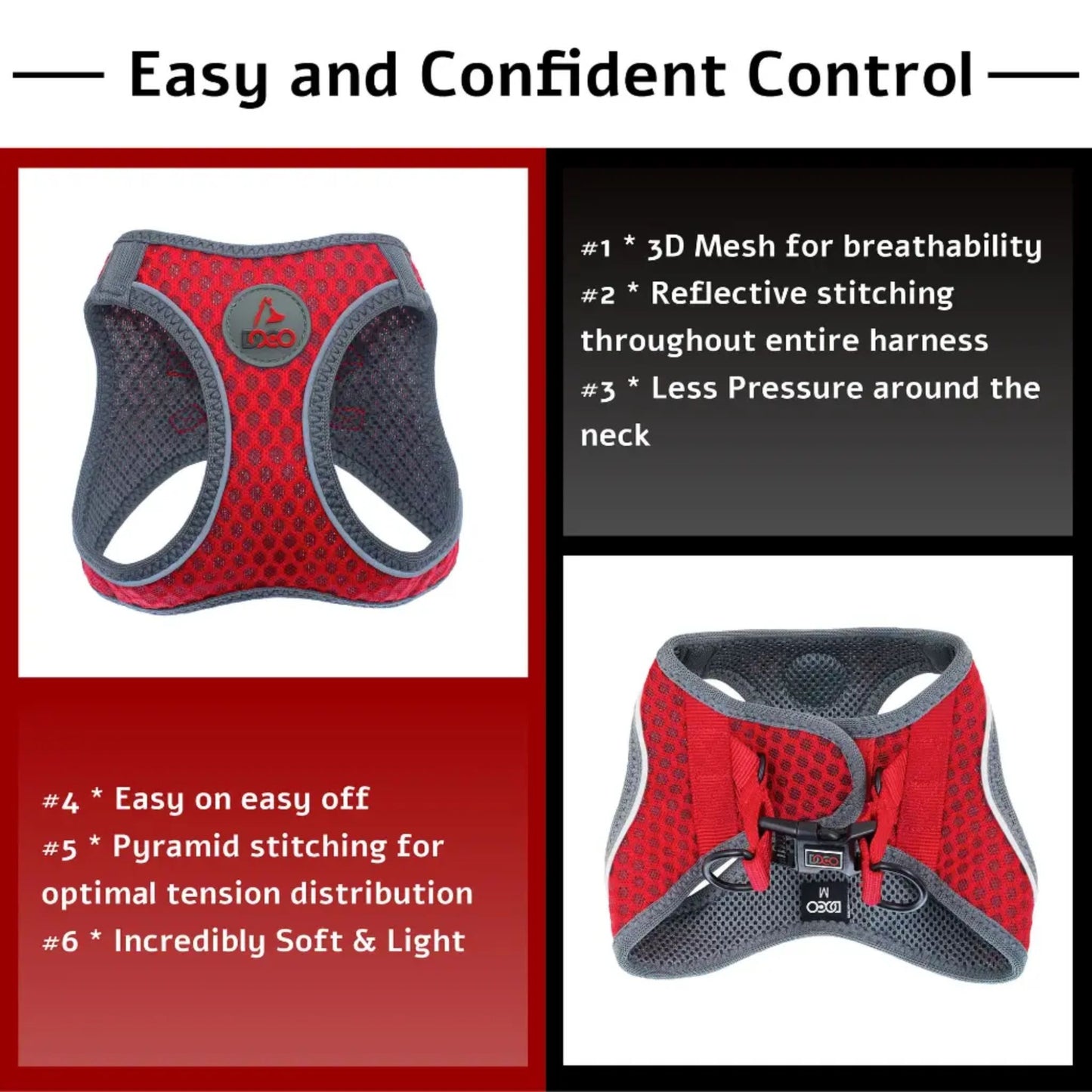 Red and grey dog harness with features listed on a red background