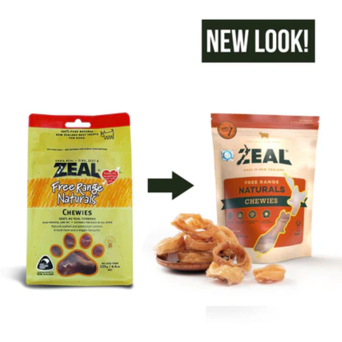 Comparison of two packages of Zeal Free Range Naturals Chewies with 'NEW LOOK!' text above.
