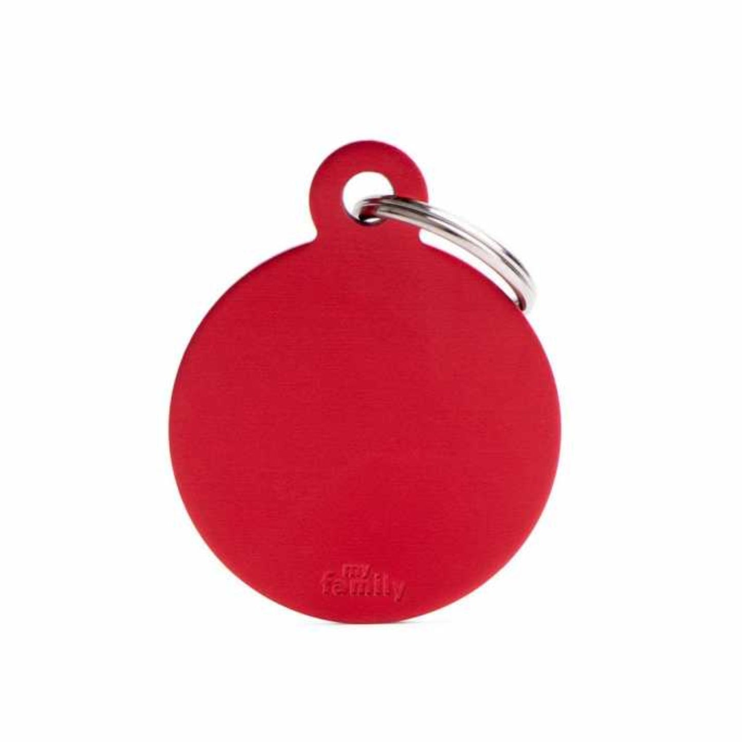 Red round pet ID tag with a metal ring on a white background
