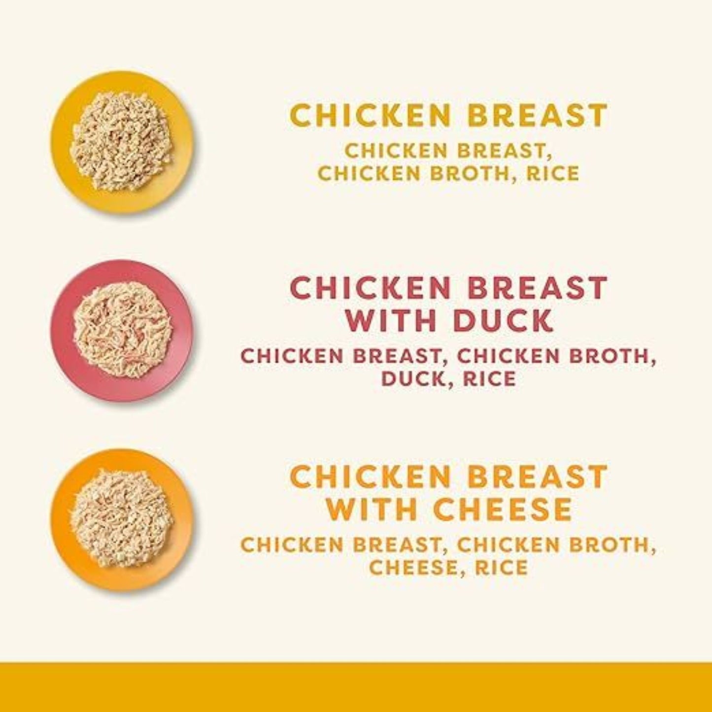 Three bowls of pet food with labels indicating ingredients on a white background.