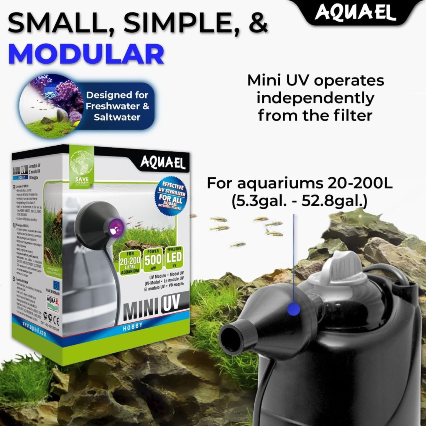 Aquael Mini UV aquarium light packaging with product and aquarium background
