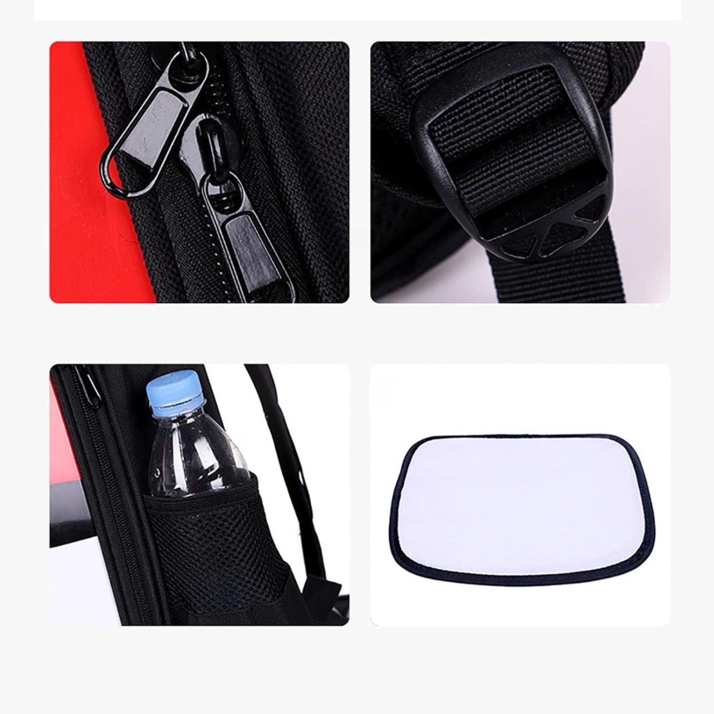Collage of car seat belt, zipper, bottle in pocket, and small mirror.