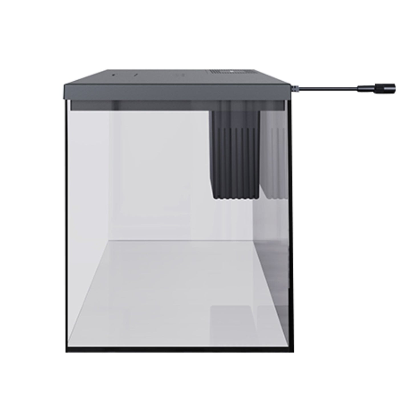 Clear fish tank with black lid and power cord on a white background