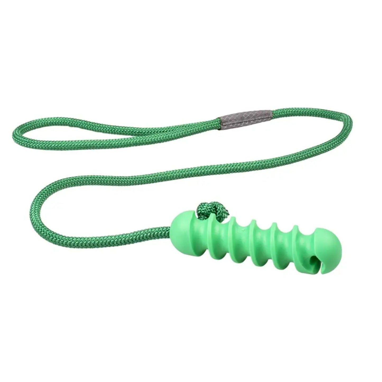 Green dog toy with a rope on a white background