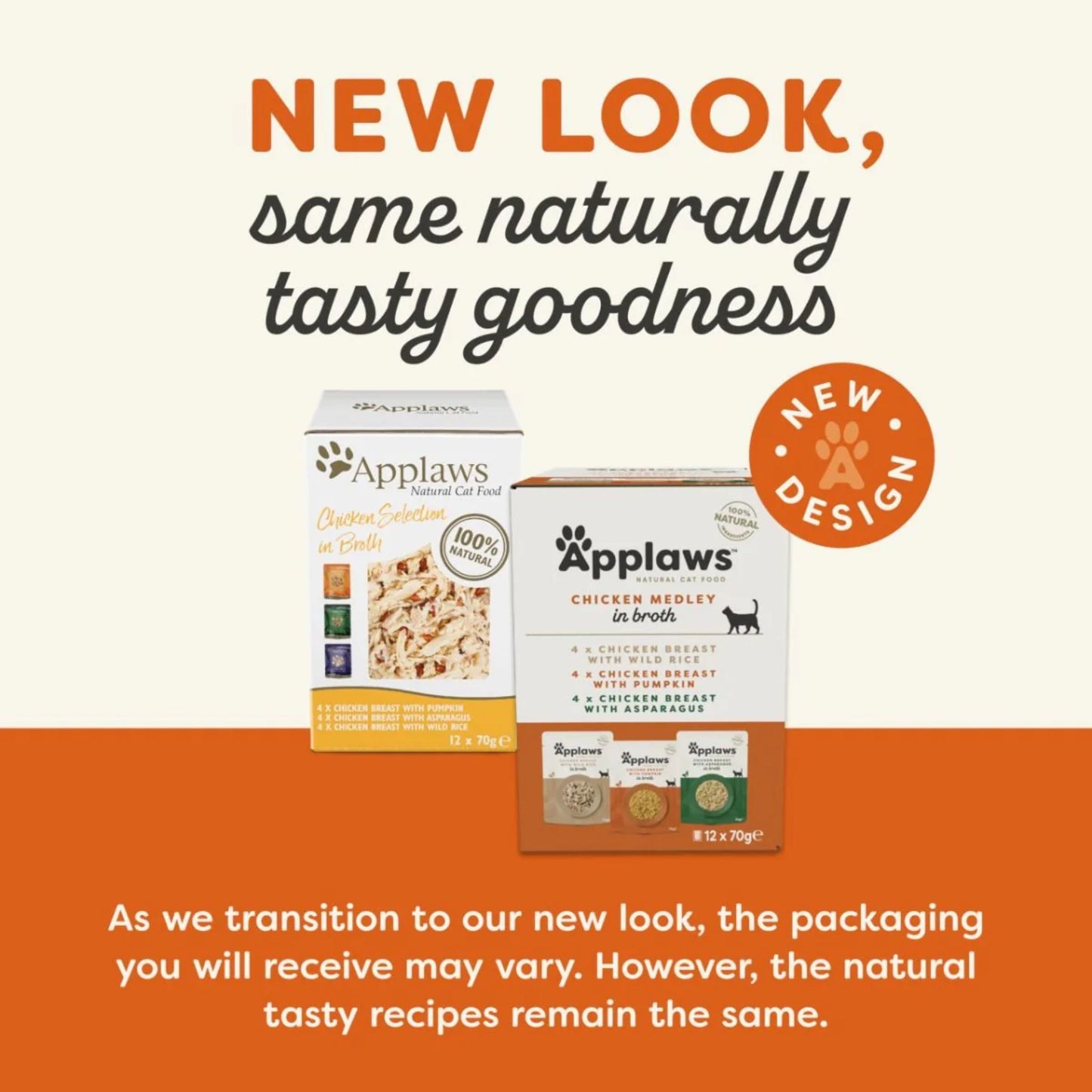 Advertisement for Applaws cat food packaging with text about new design and natural taste.