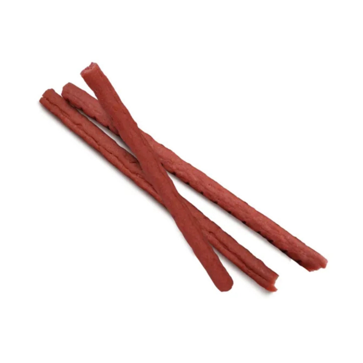 Three red dog treats on a white background