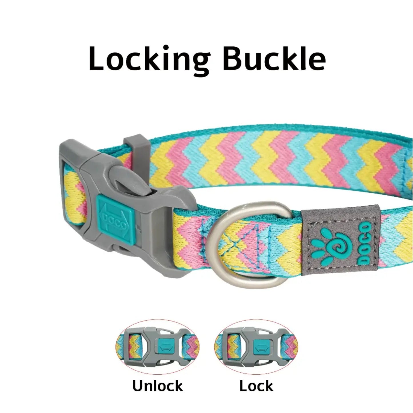 Colorful dog collar with a locking buckle on a white background