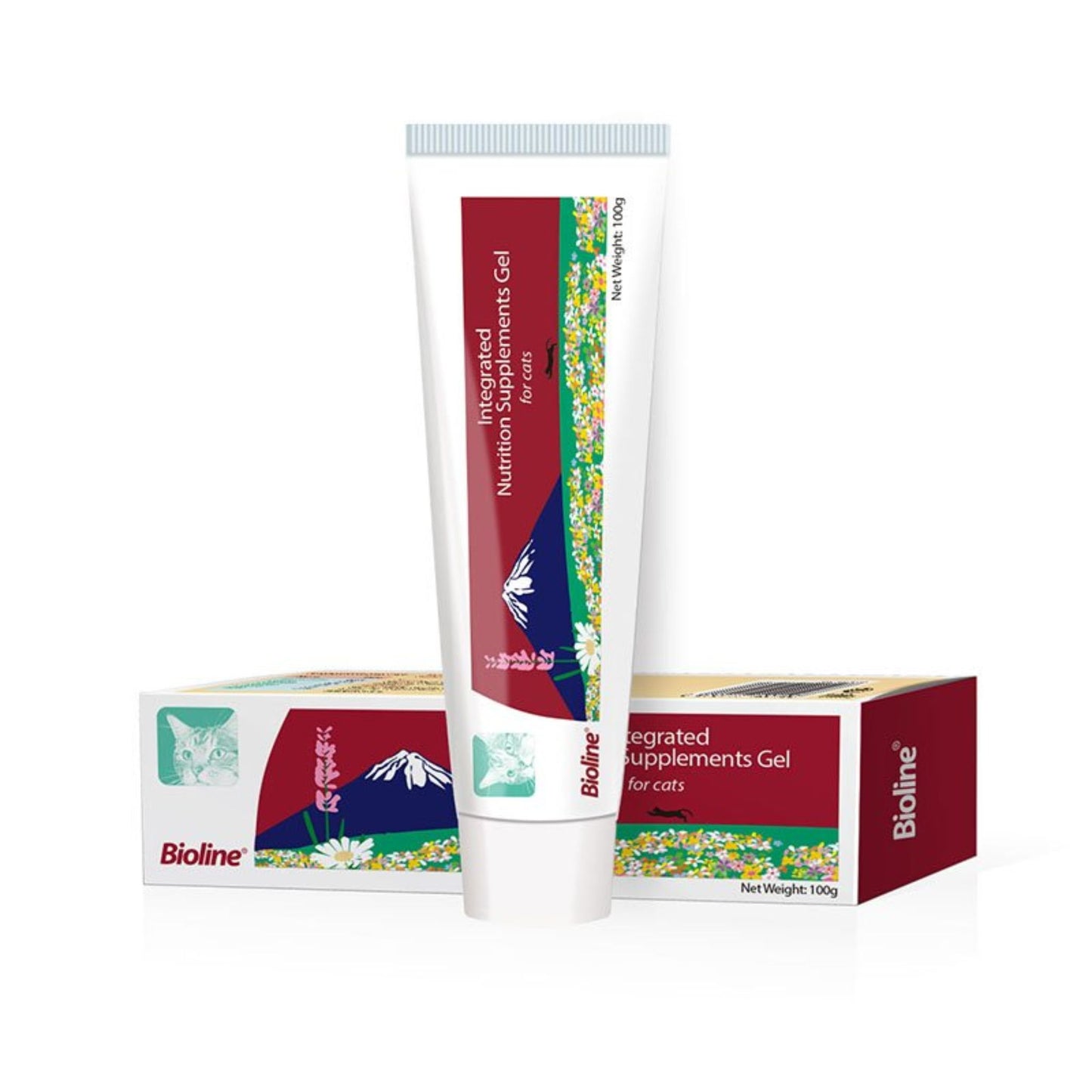 Bioline integrated supplements gel for cats with packaging on a white background