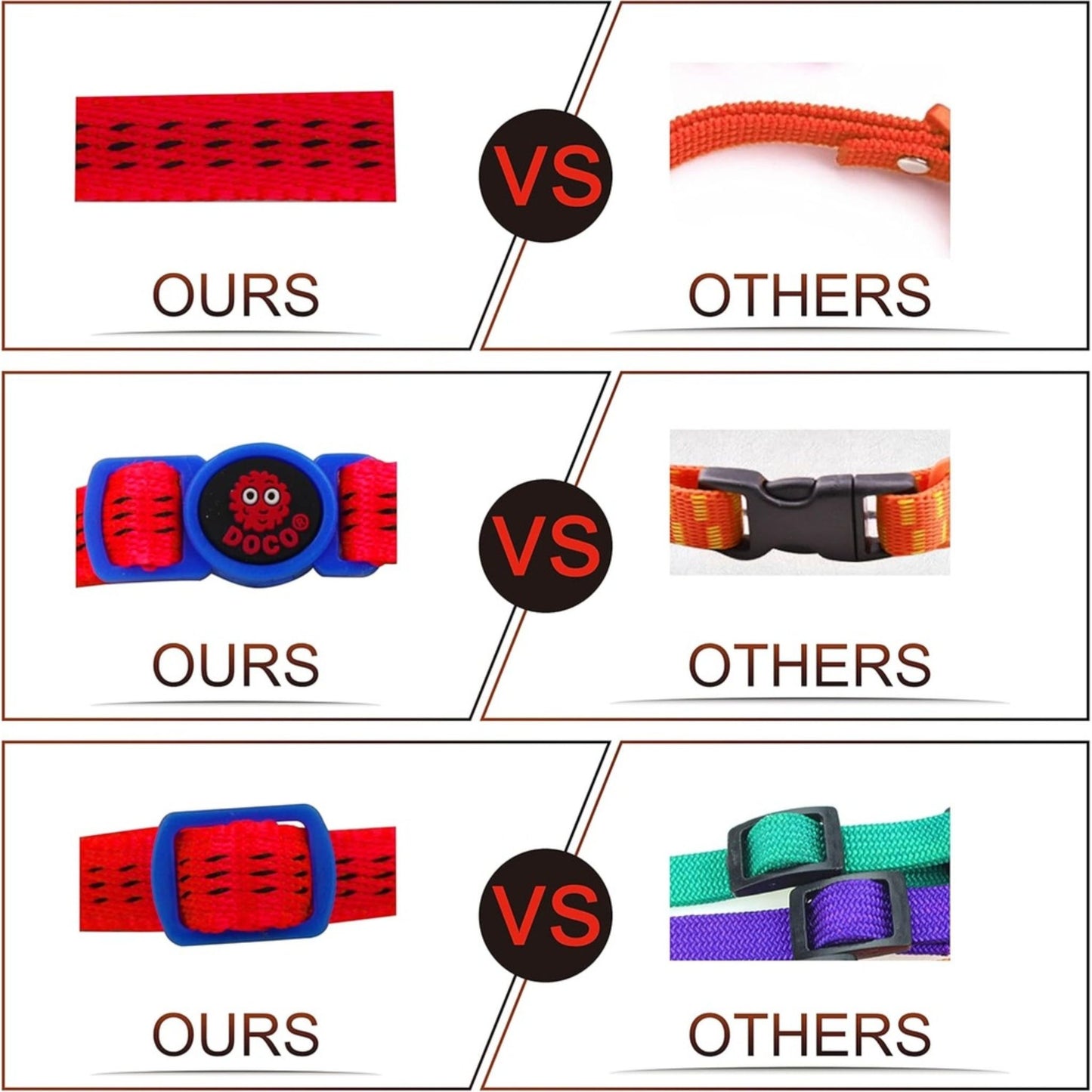 Comparison of a red and blue dog collar labeled 'OURS' versus 'OTHERS' on a white background.