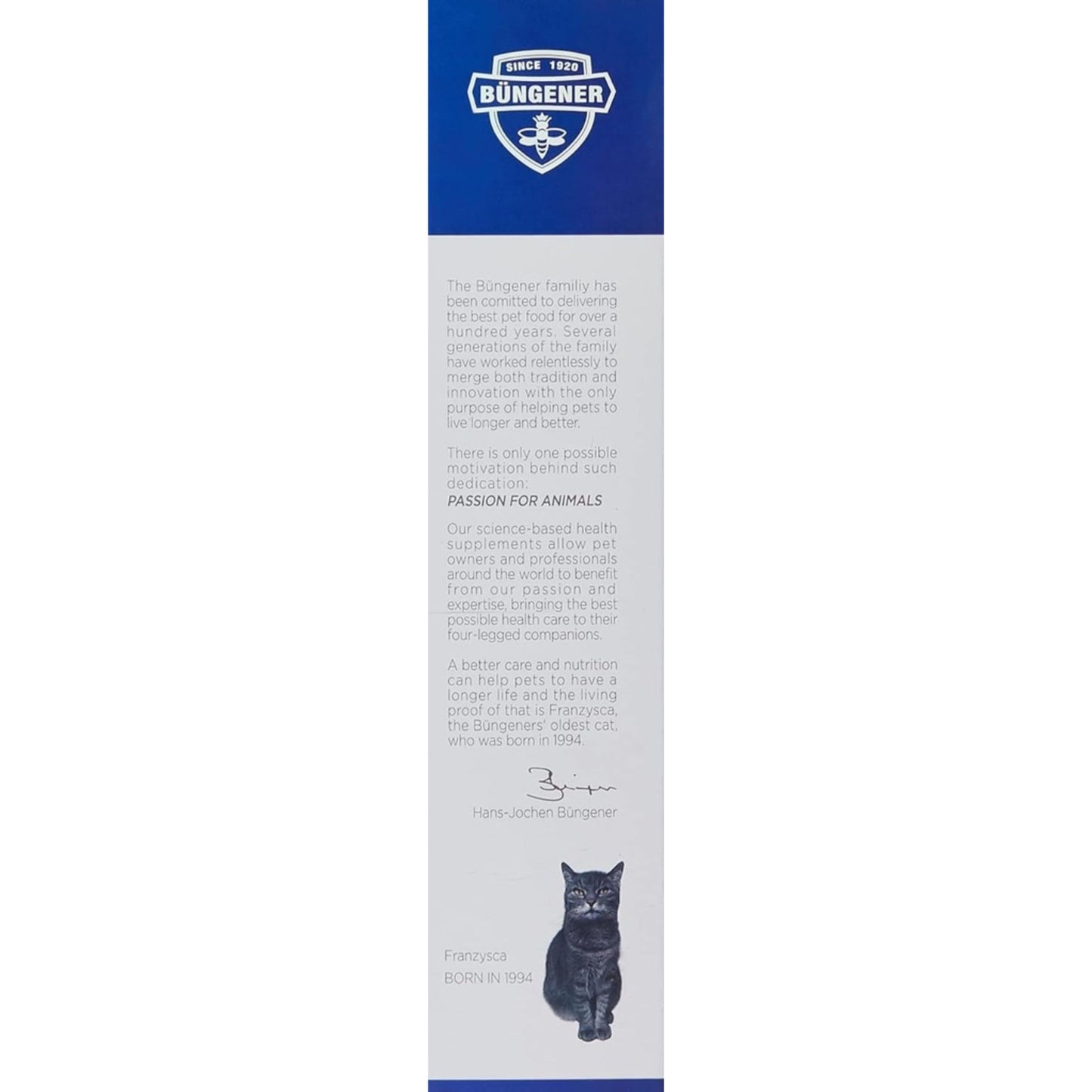 Bungener product packaging with a blue and white design featuring text and a logo.