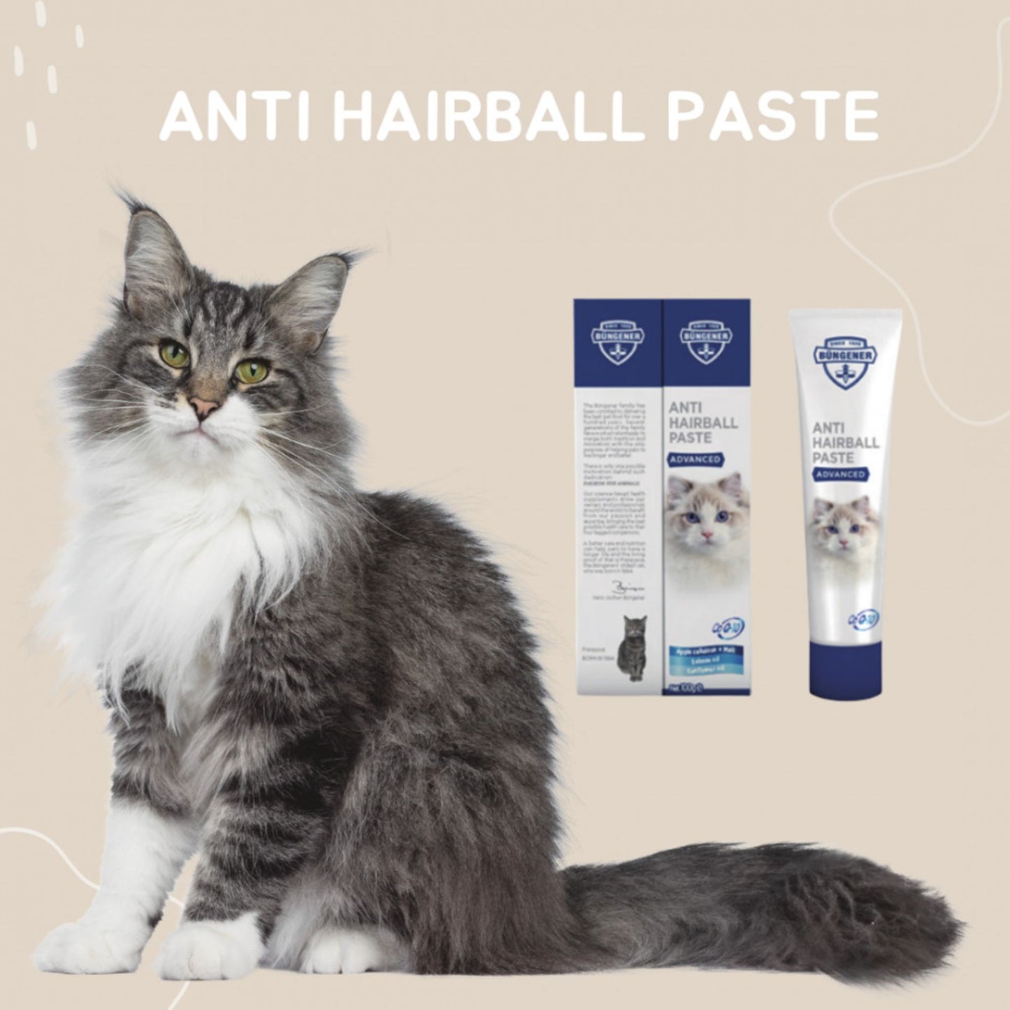 Cat with anti hairball paste packaging on a beige background