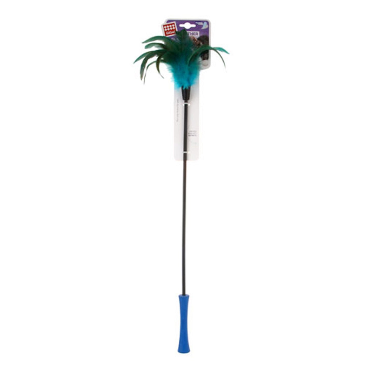 Cat toy with green feather on a white background