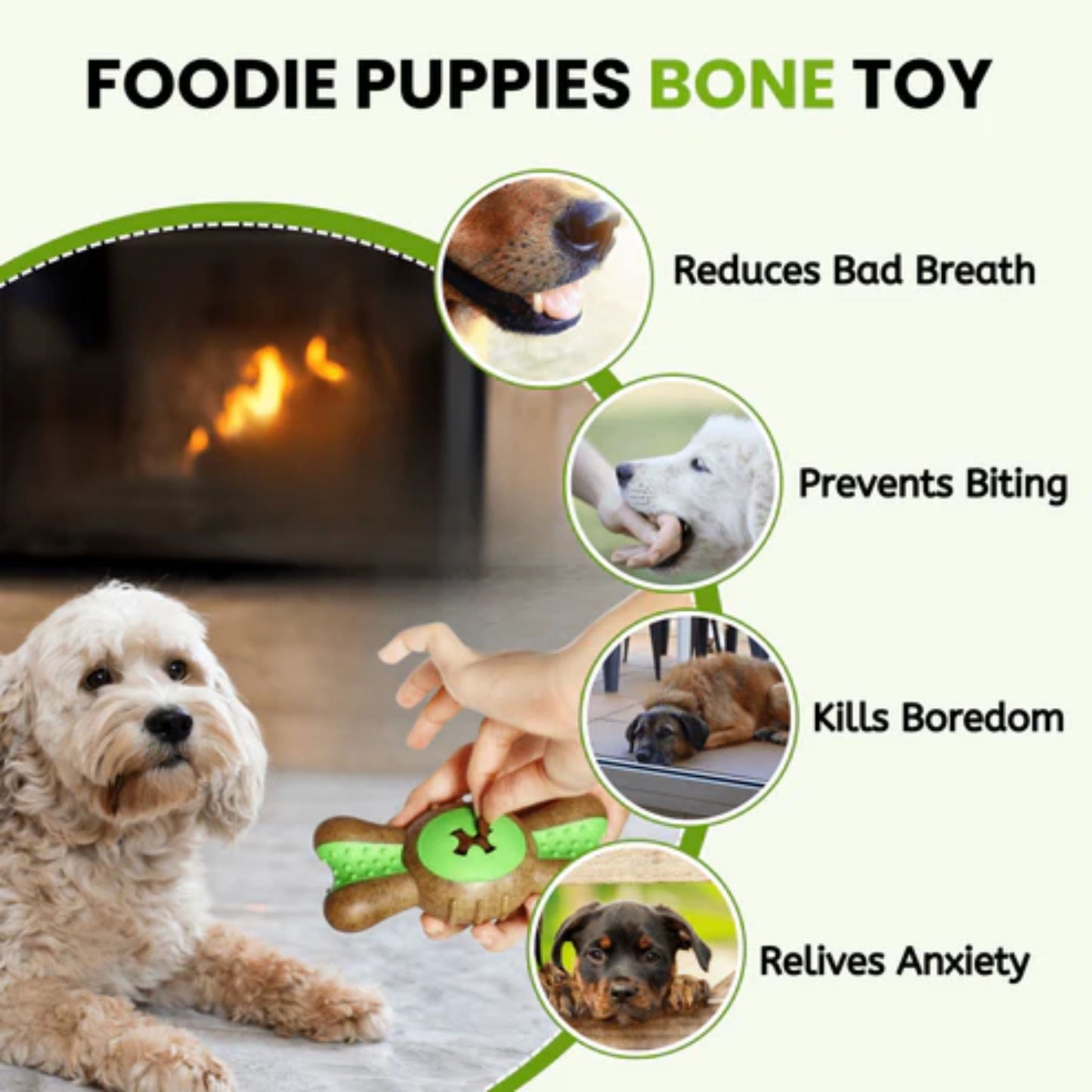 Dog playing with a bone-shaped toy, surrounded by text highlighting benefits like reducing bad breath and preventing biting.
