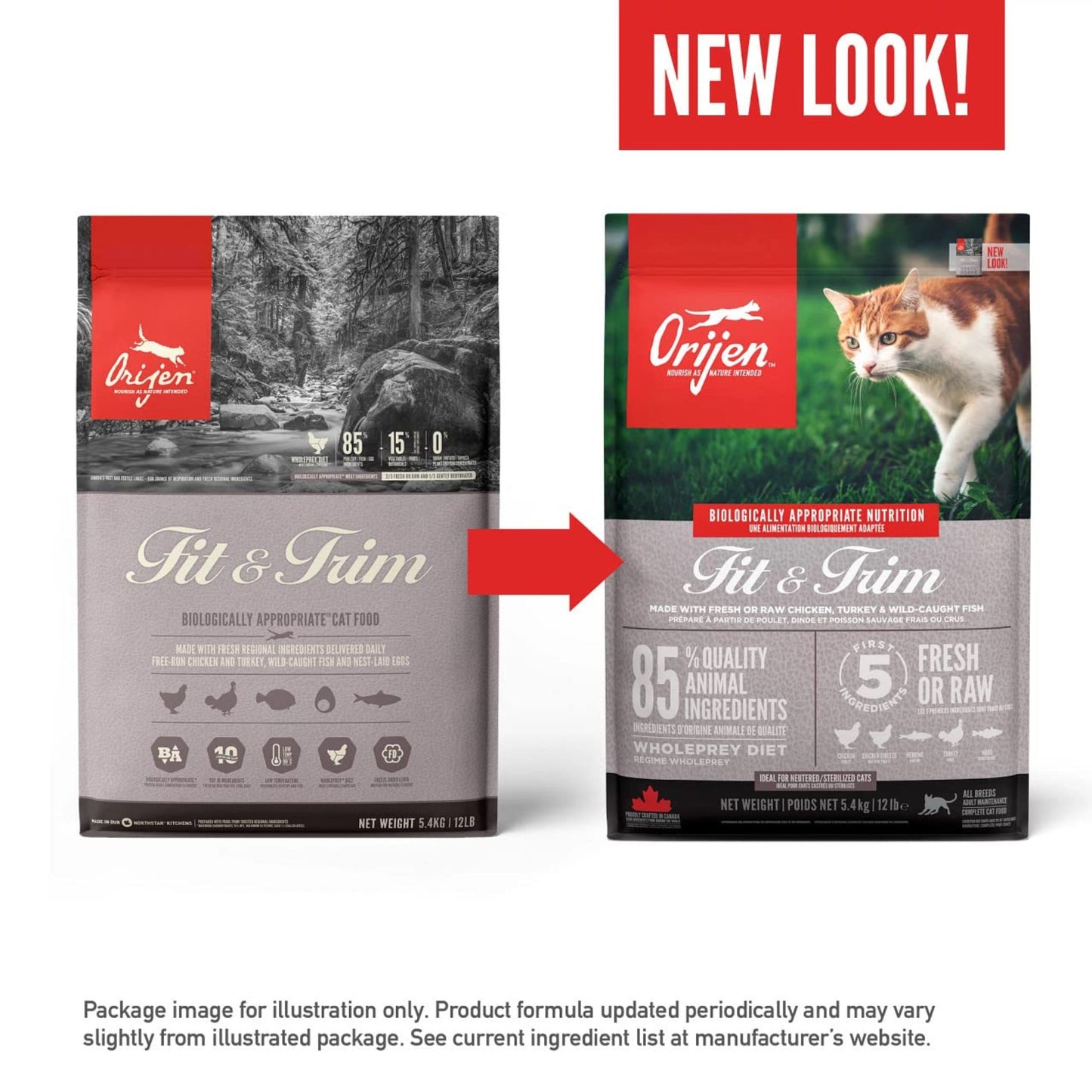 Orijen Fit & Trim cat food packaging with a comparison arrow pointing to the new design.