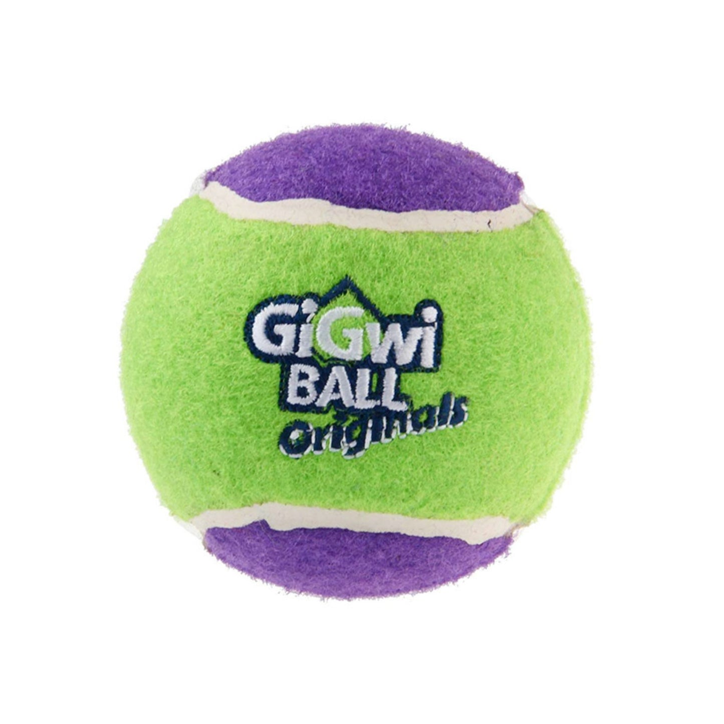 Green and purple tennis ball with 'GiGwi Ball Originals' branding on a white background