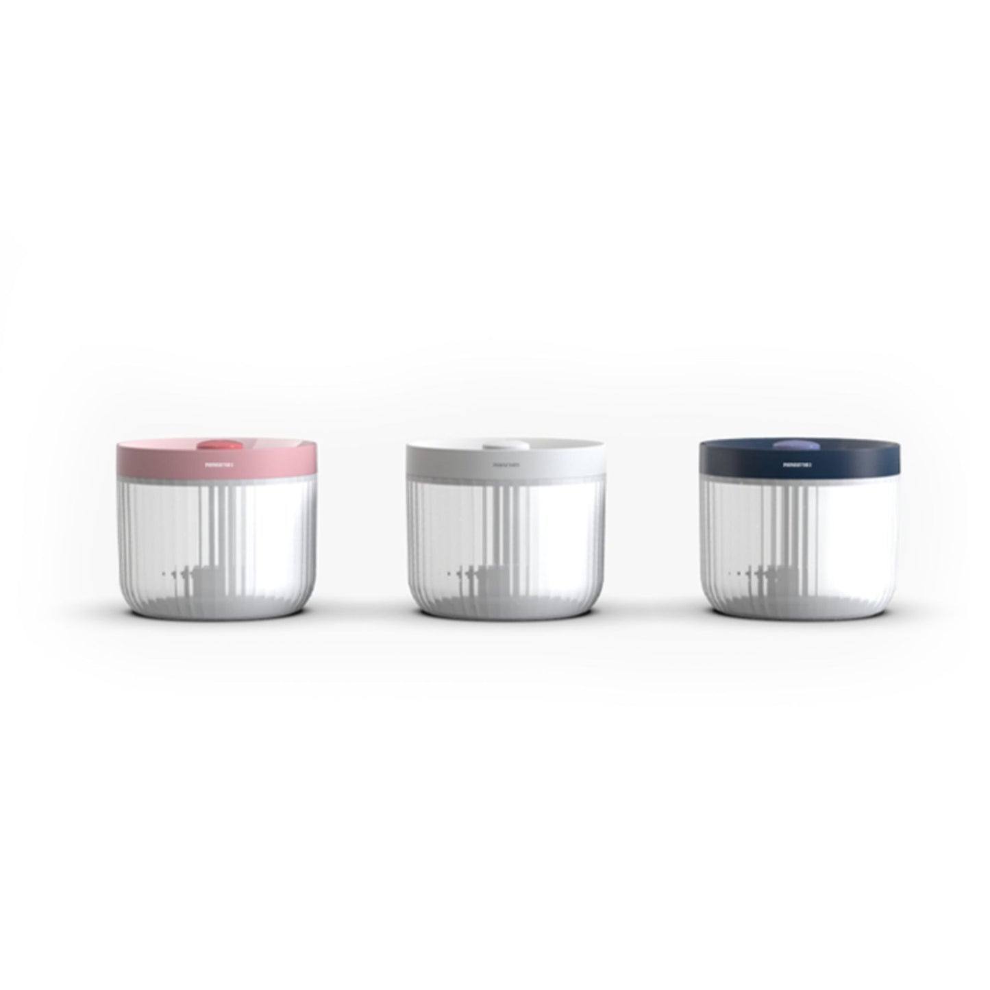 Three clear containers with colorful lids on a white background