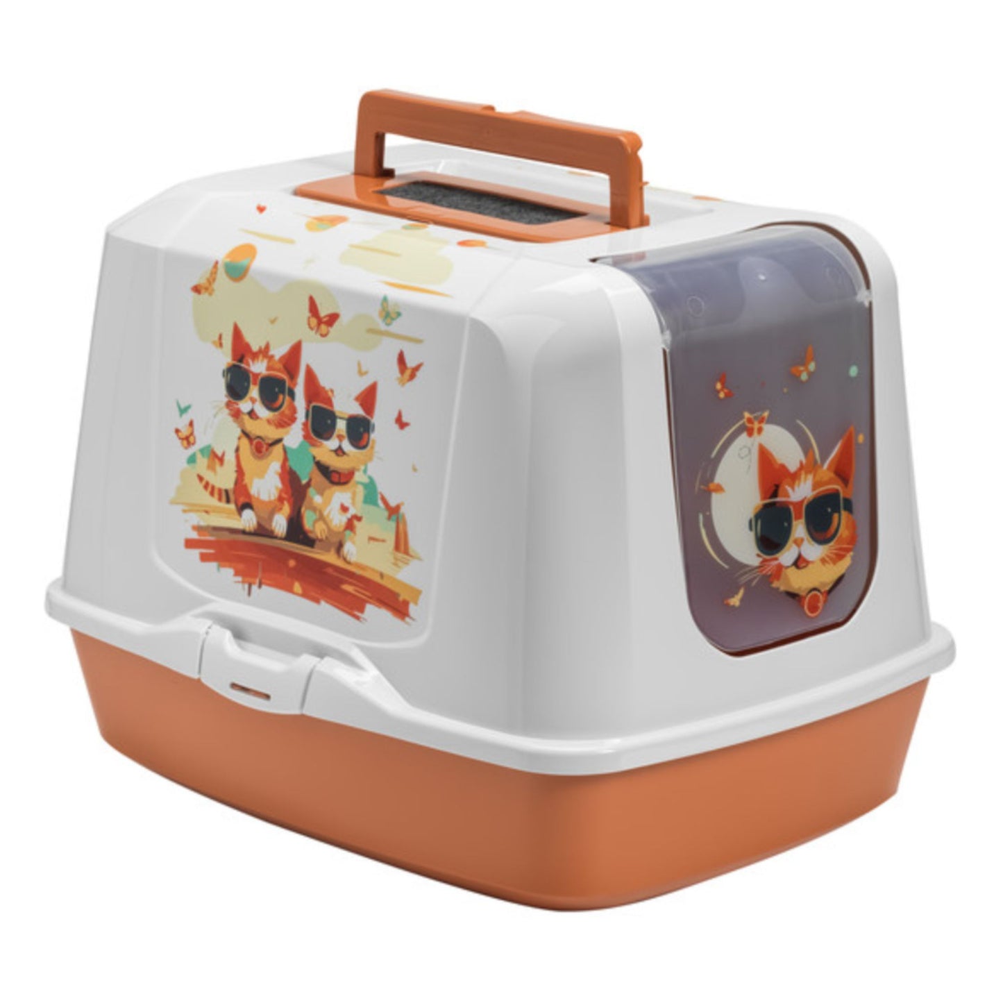Pet carrier with cartoon designs on a white background