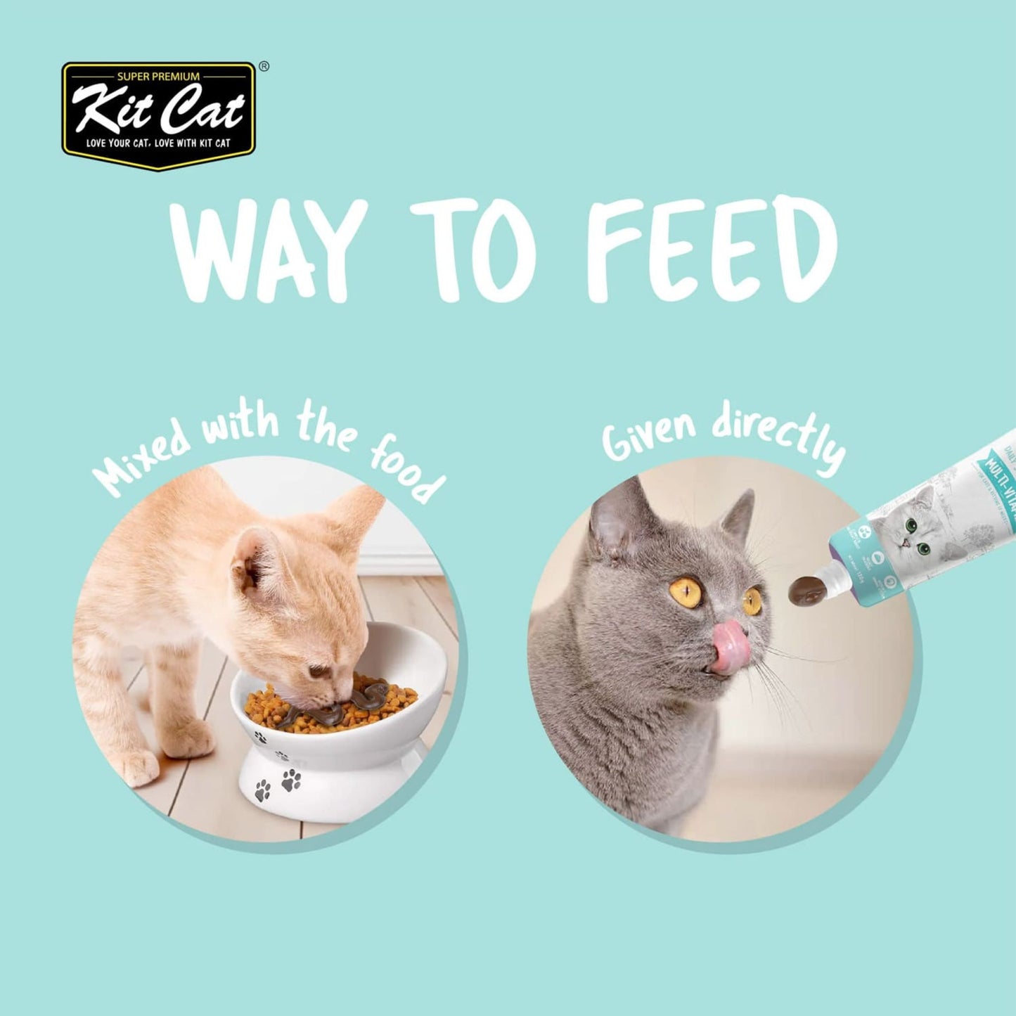 Kit Cat cat food packaging with two ways to feed text and images of cats eating.