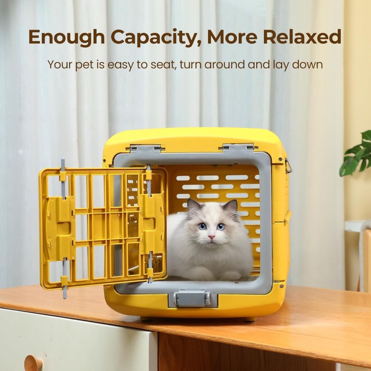 Yellow pet carrier with a cat inside on a wooden surface, text about pet comfort.
