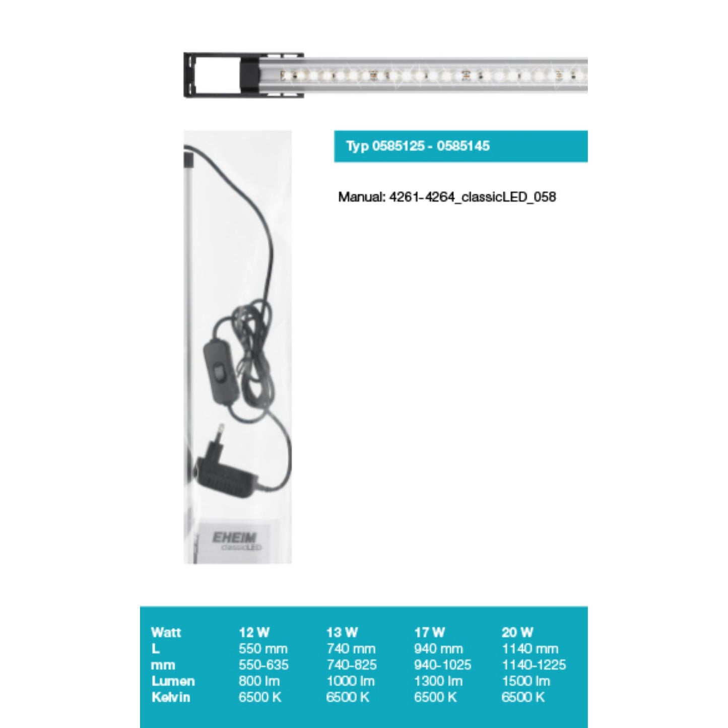 LED light bar with packaging and technical specifications on a white background