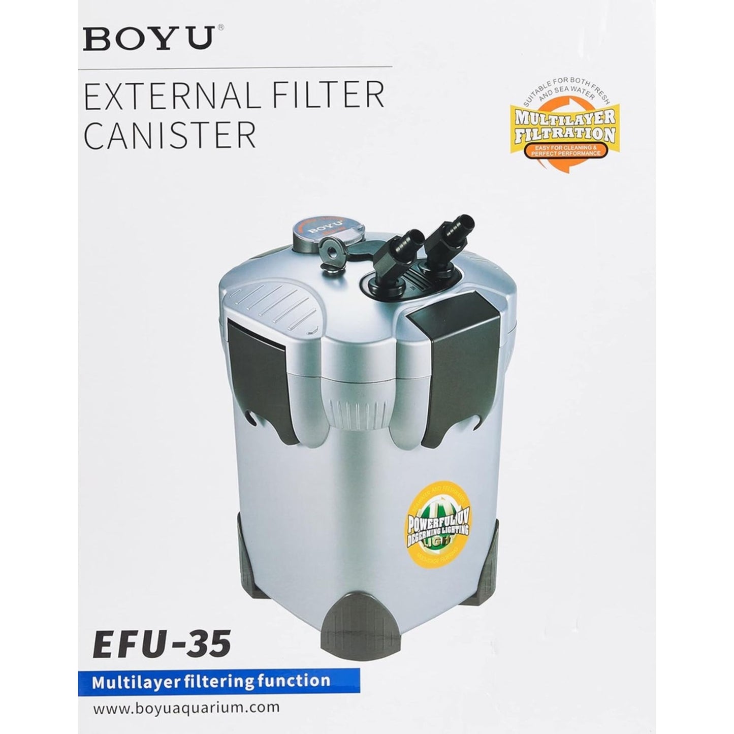 BOYU External Filter Canister packaging with product image and branding on a white background