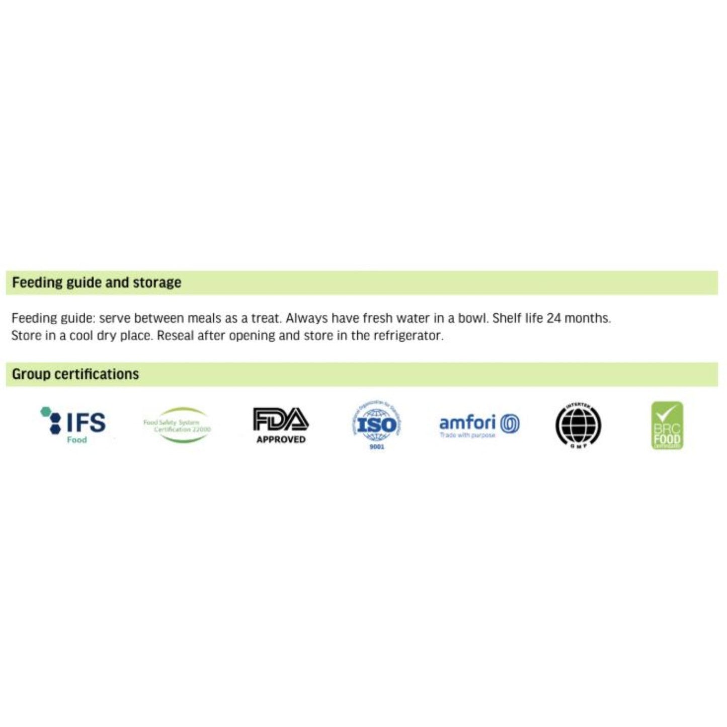 Feeding guide and storage instructions with certification logos on a white background