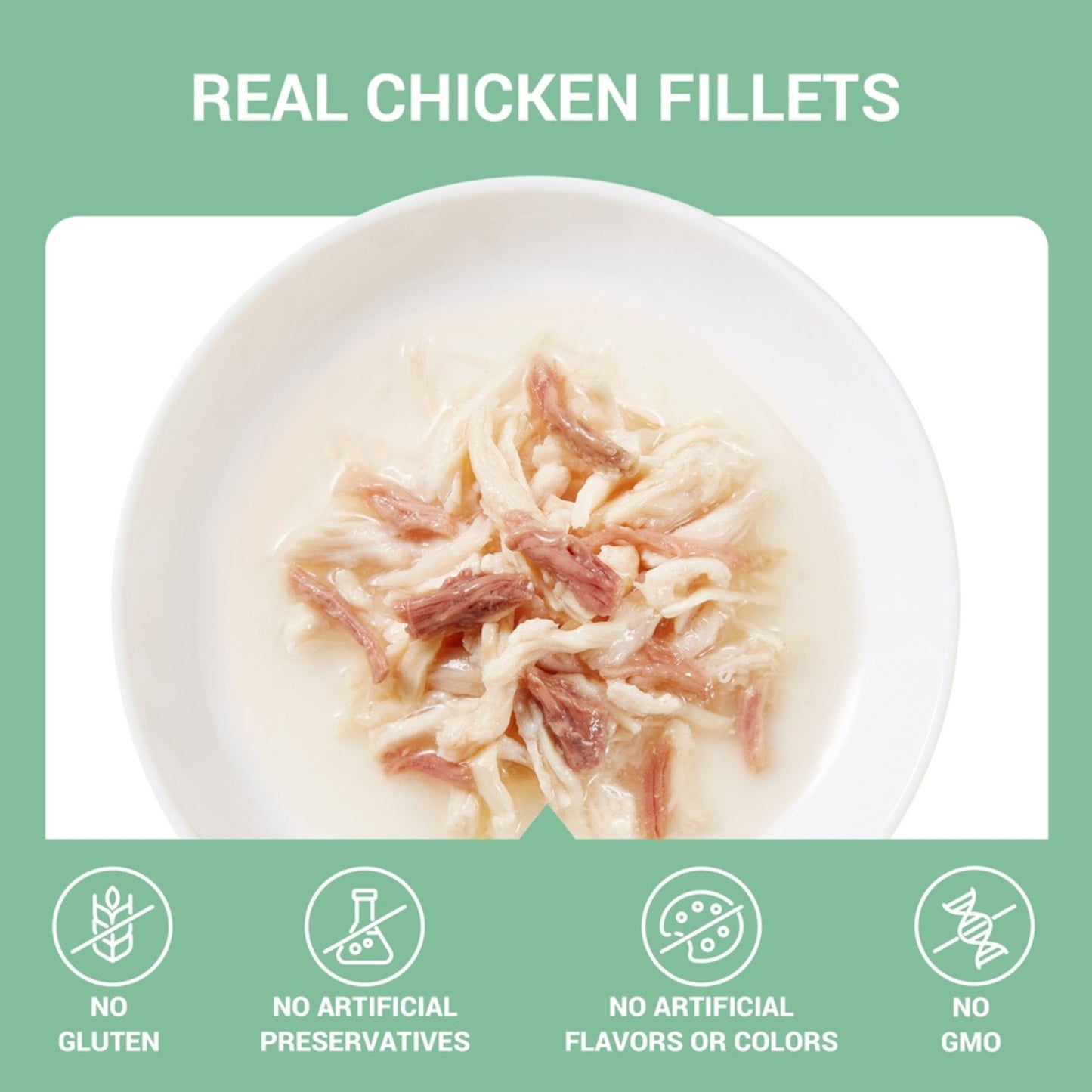 Real chicken fillets on a white plate with green background and certification icons at the bottom.