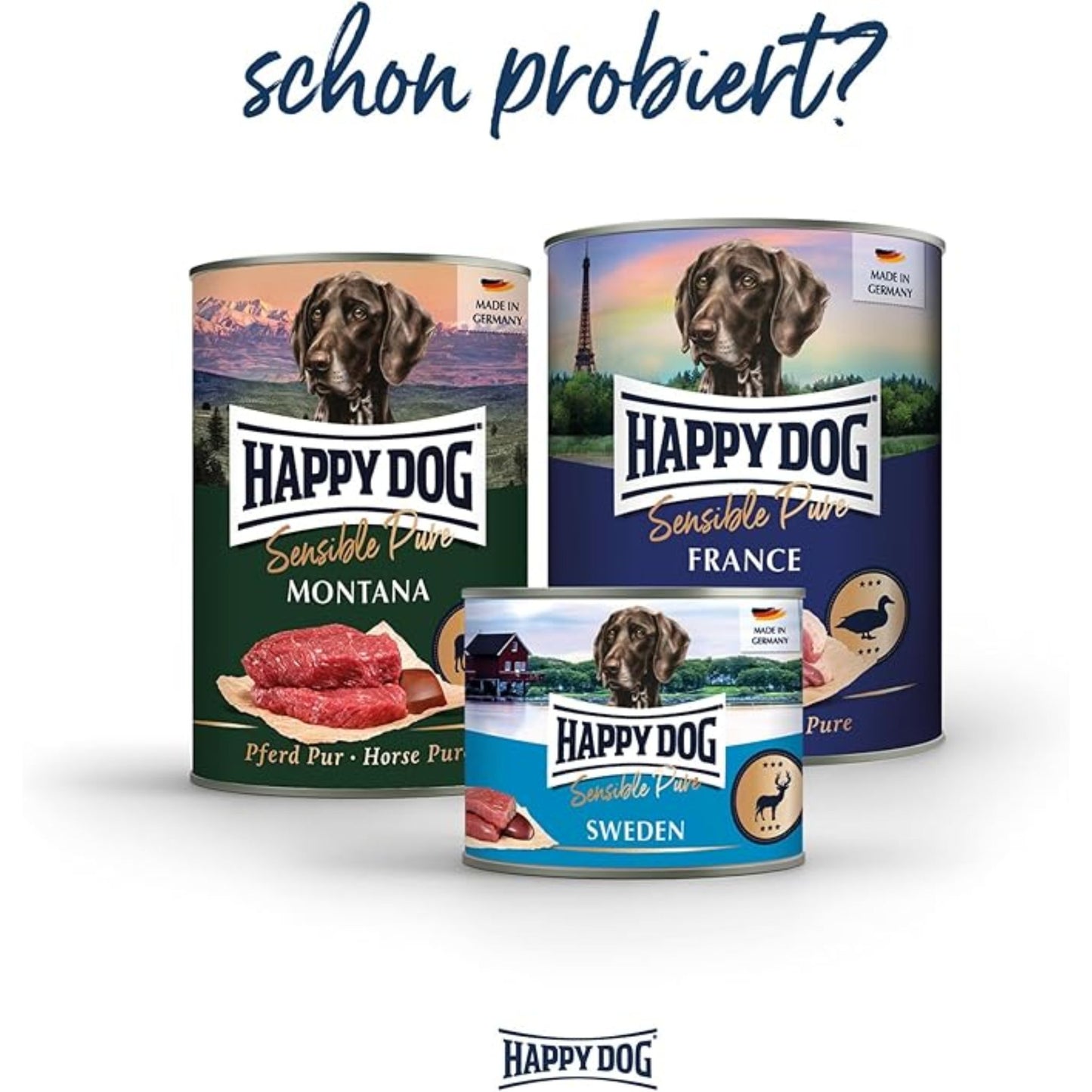 Three cans of Happy Dog pet food with different labels on a white background