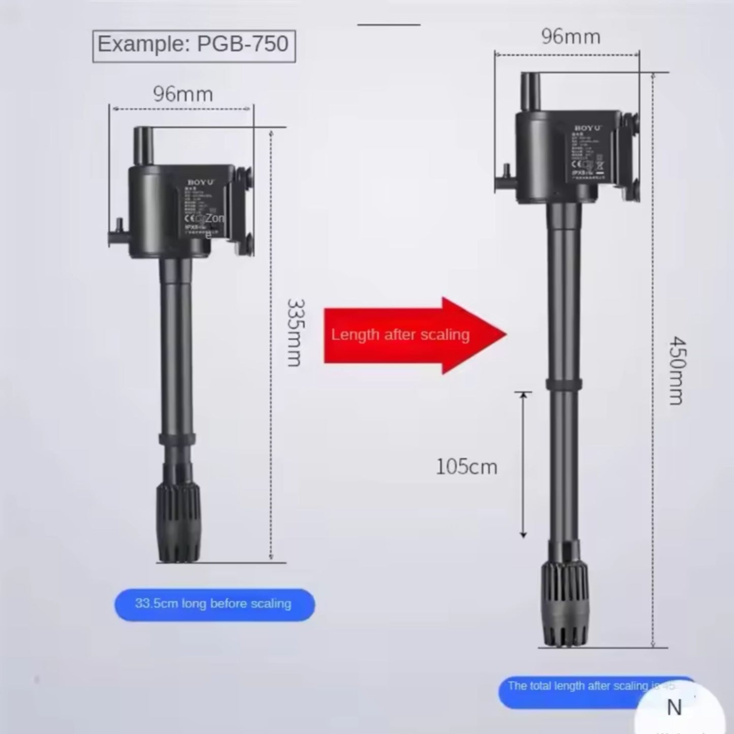 Measurement chart showing the length scaling of a cylindrical component with dimensions labeled.