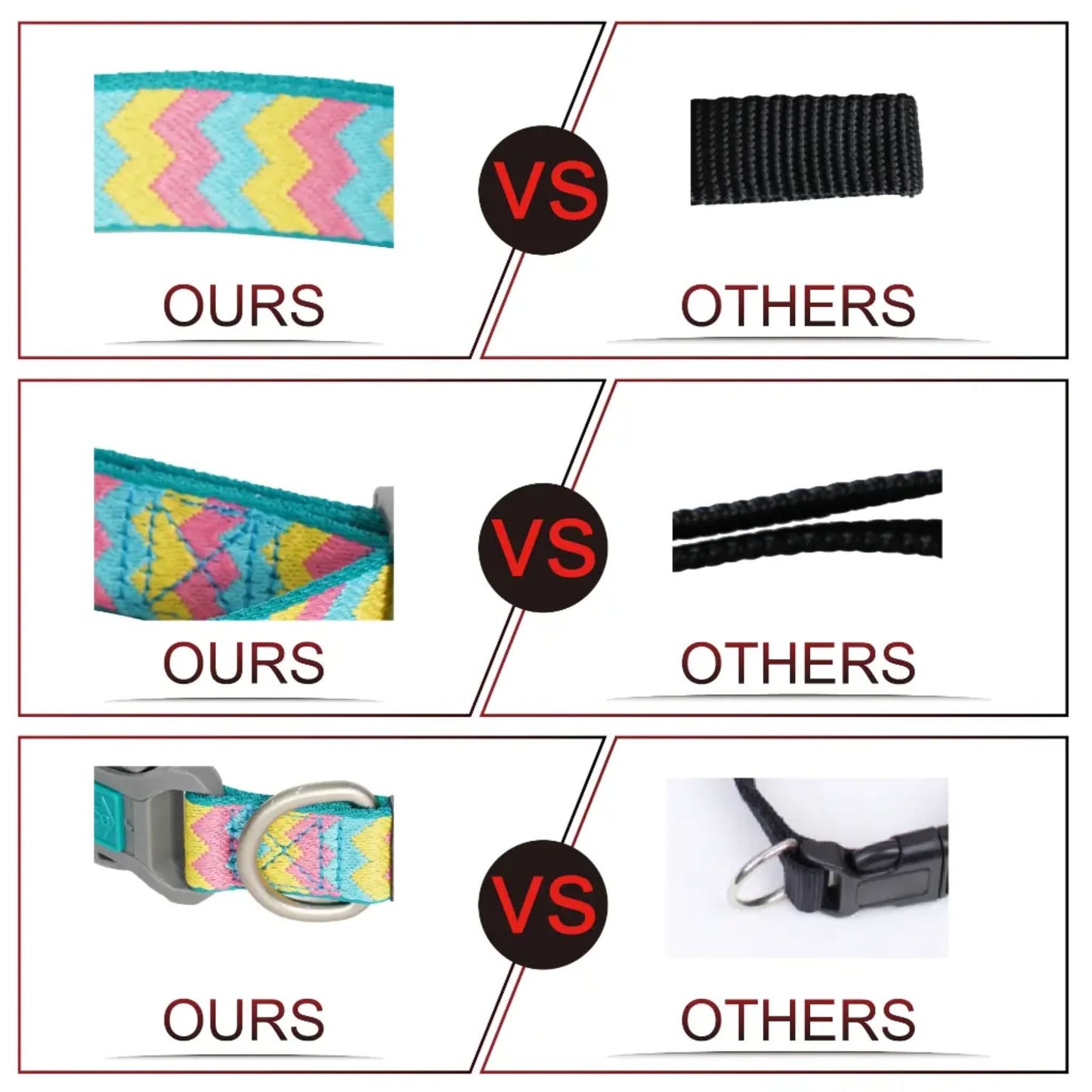 Comparison of product features labeled 'OURS' versus 'OTHERS' with colorful and black options.