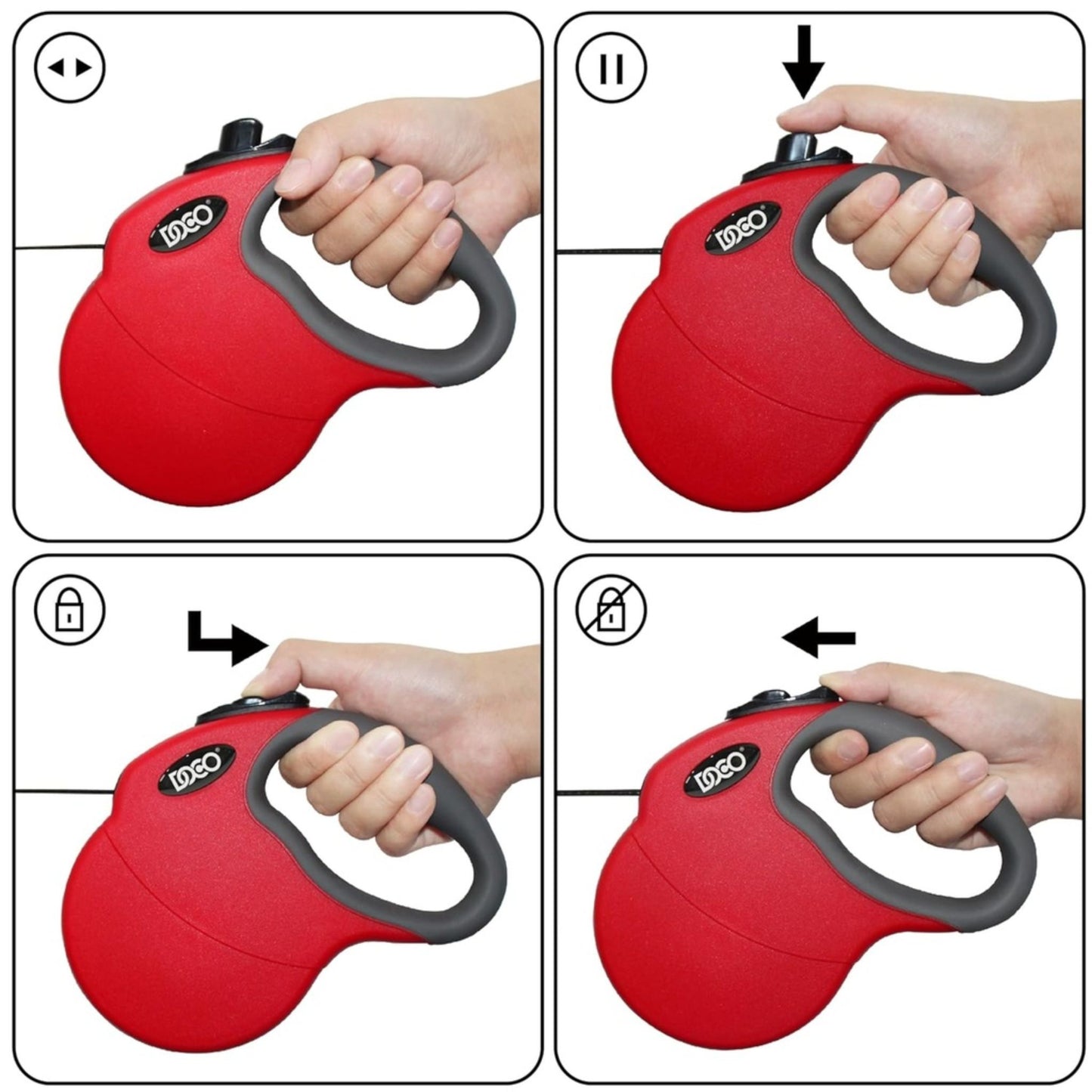 Red and gray retractable dog leash with instructions on how to use it.