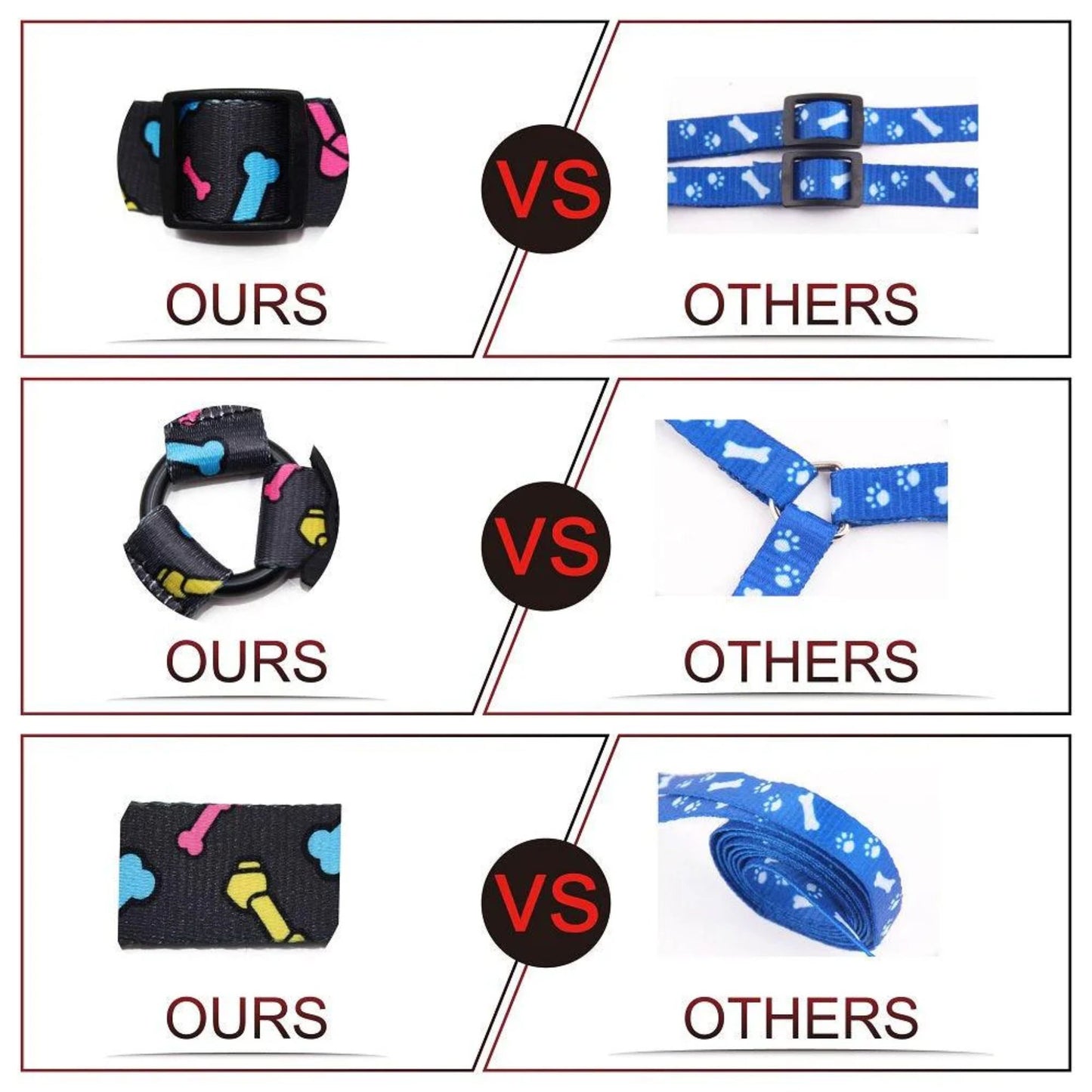 Comparison of 'OURS' and 'OTHERS' dog collars with different designs.