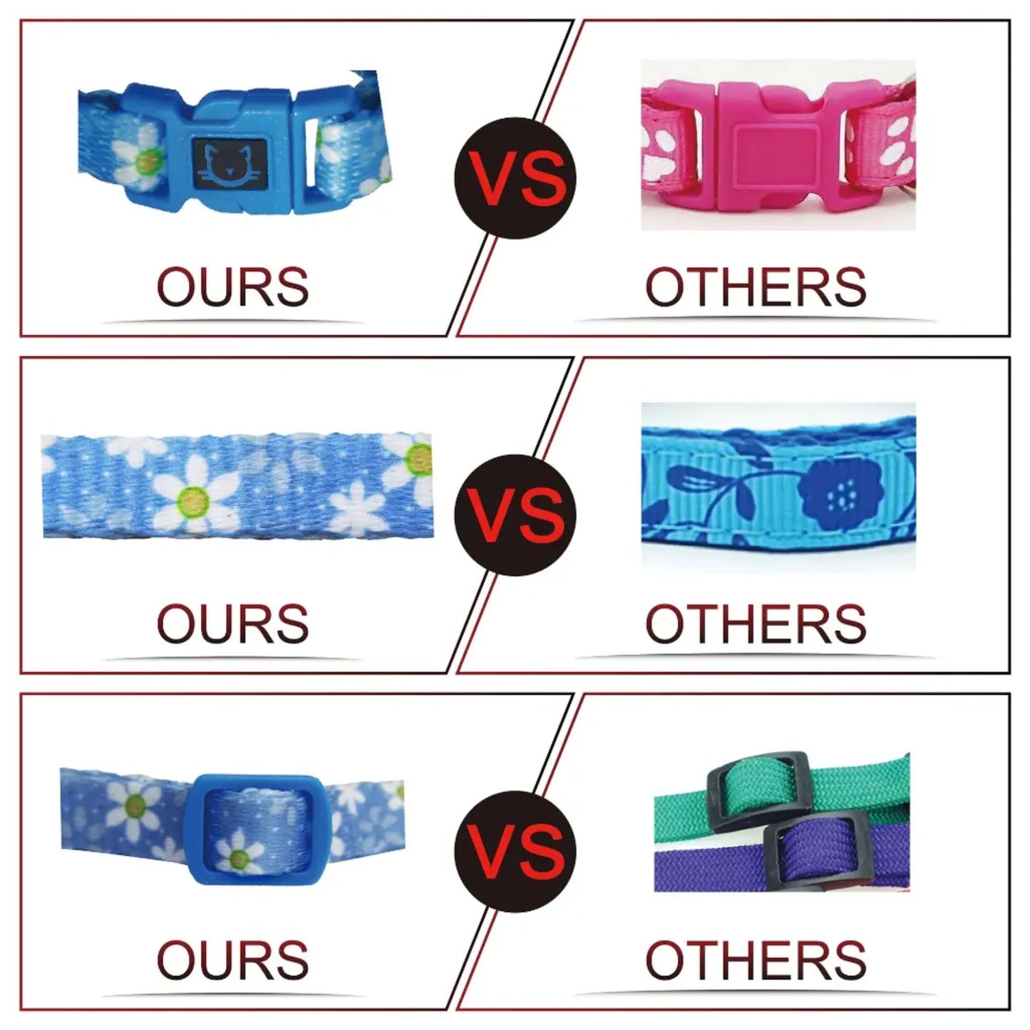 Comparison of floral-patterned pet collars labeled 'OURS' versus 'OTHERS' on a white background.
