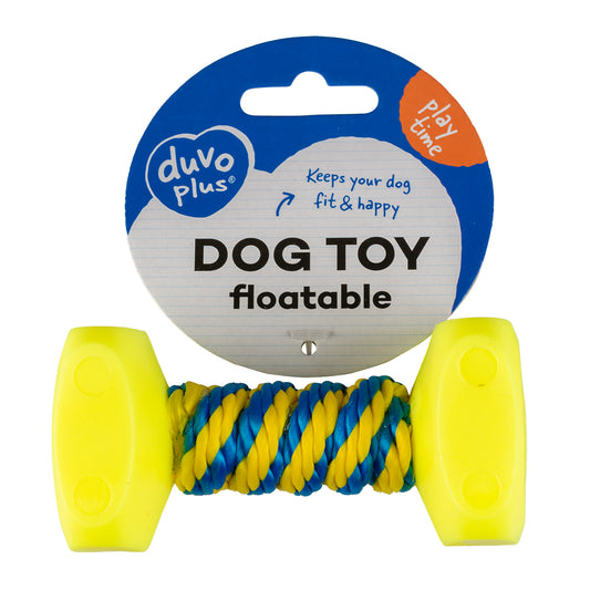Duvo+ Dog Dumbbell Toy with Rope – 14x7cm Blue/Yellow