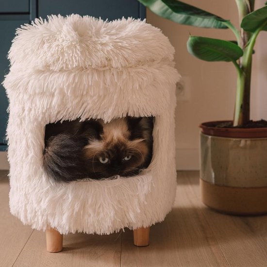 Duvo+ Cat House White Long Plush 31x31x34cm – Soft & Cozy