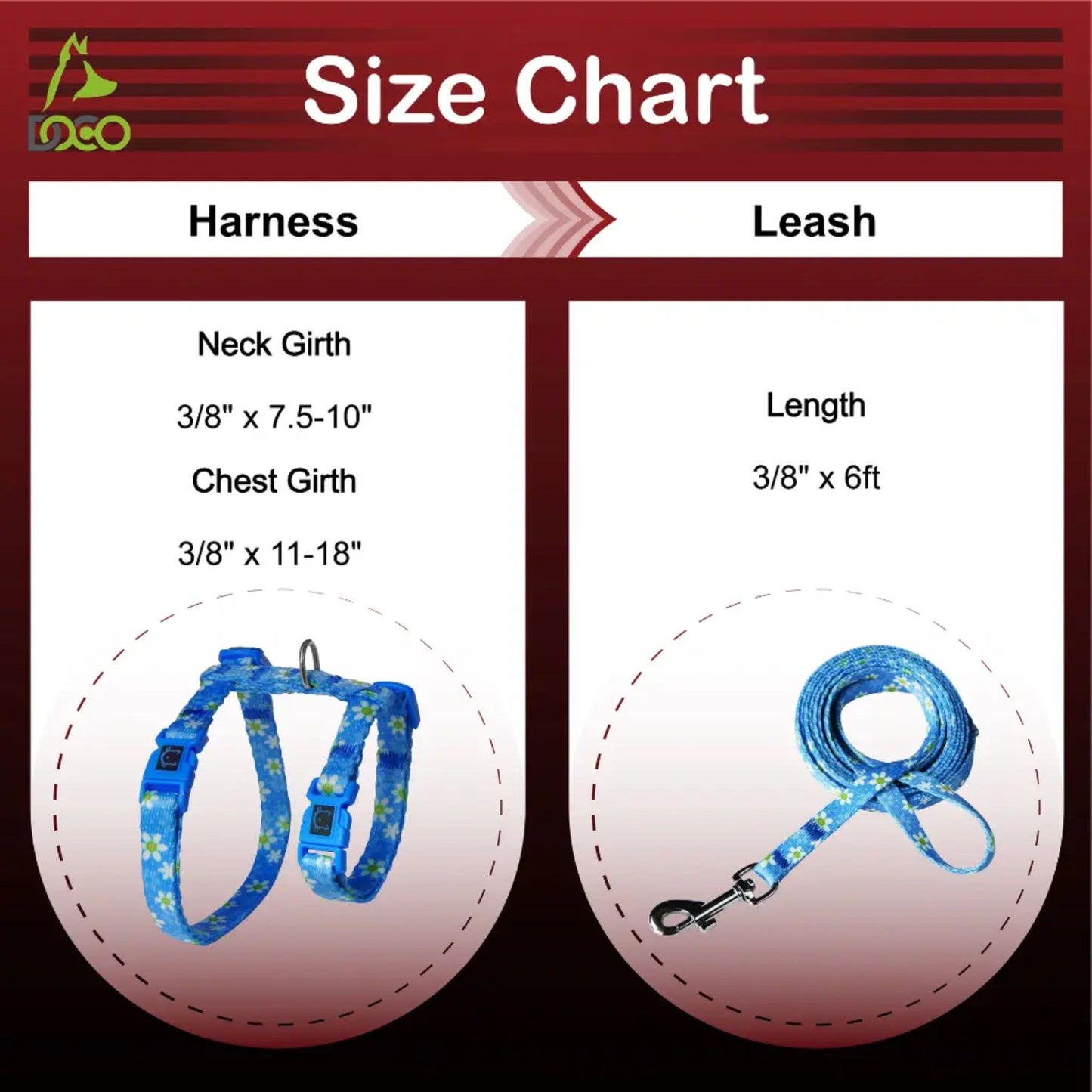 Size chart for dog harness and leash with measurements on a white background