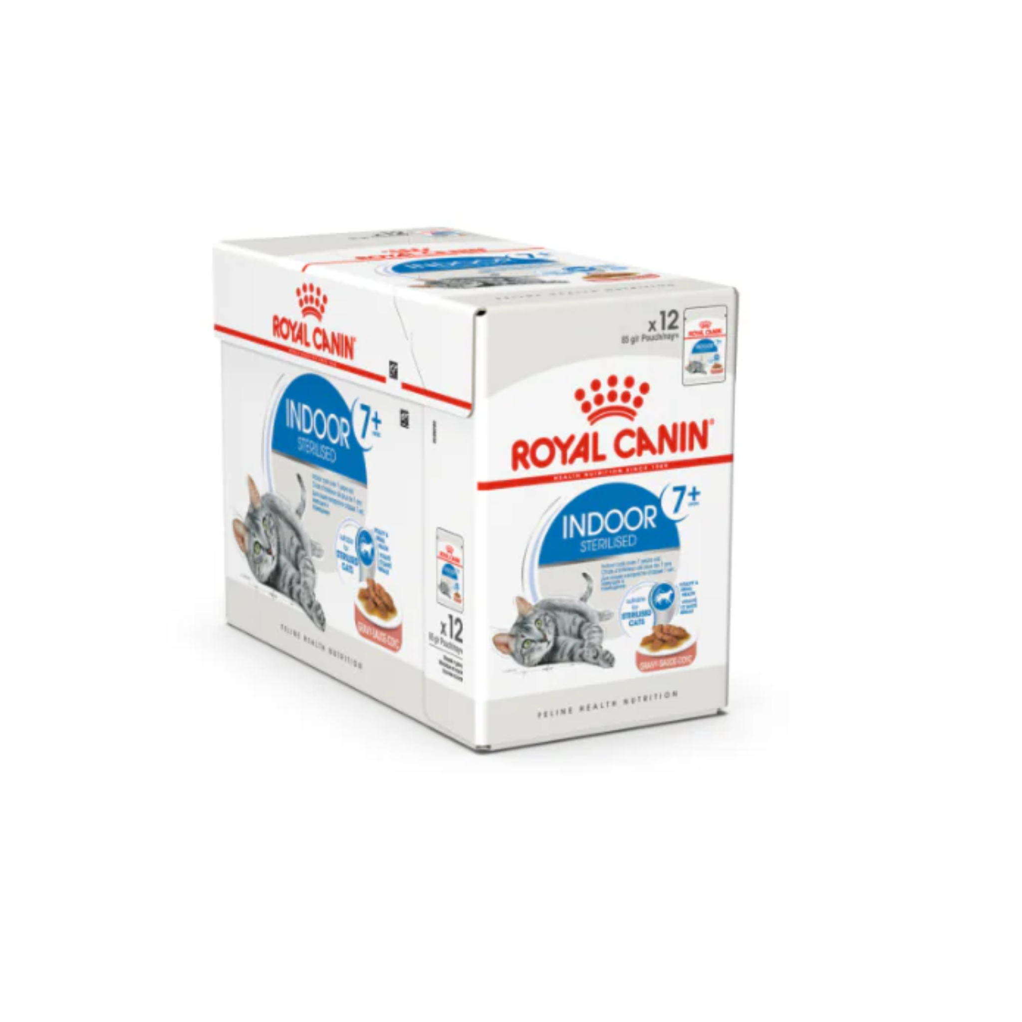 Box of Royal Canin Indoor 7+ cat food on a white background