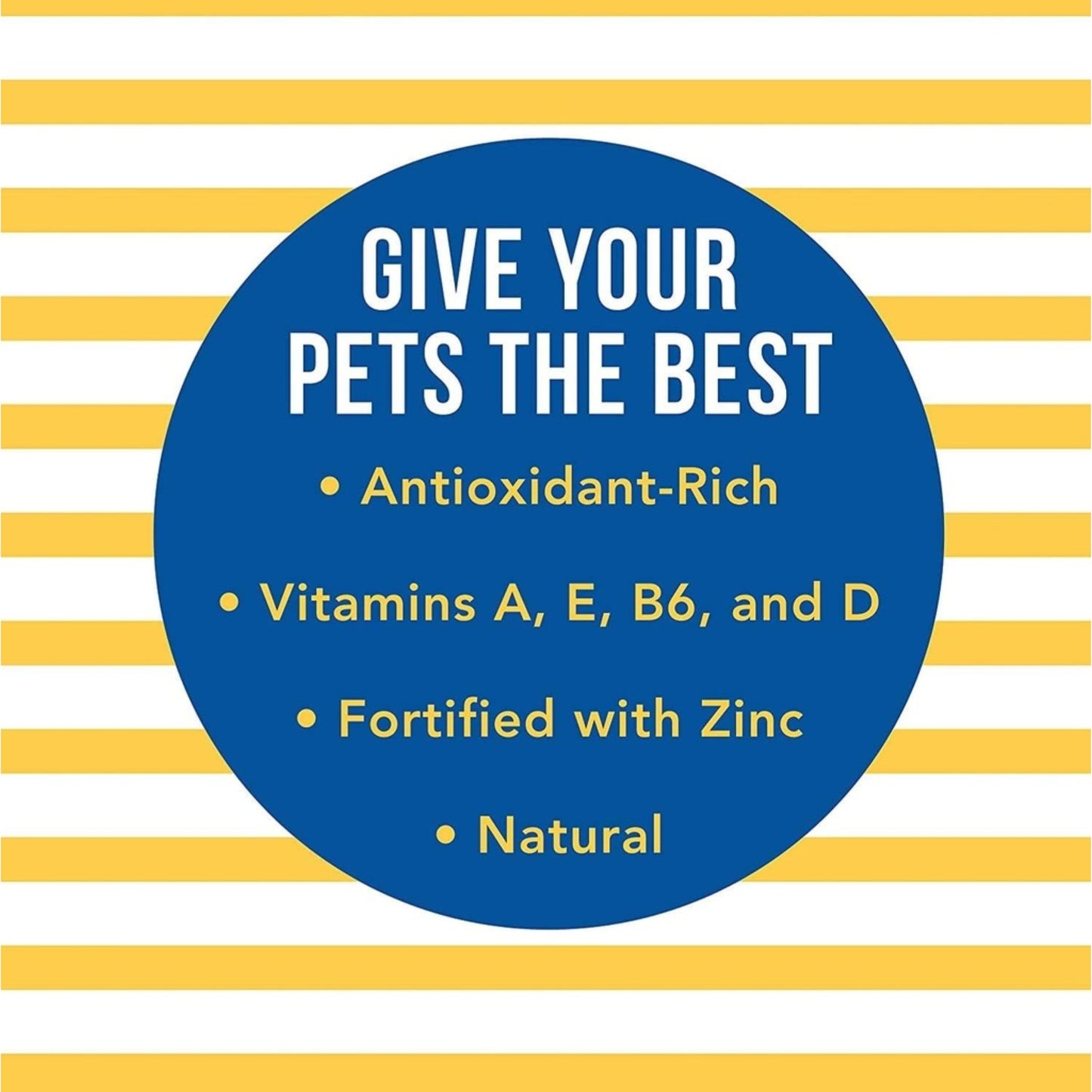 Promotional graphic for pet products with blue circle and yellow stripes