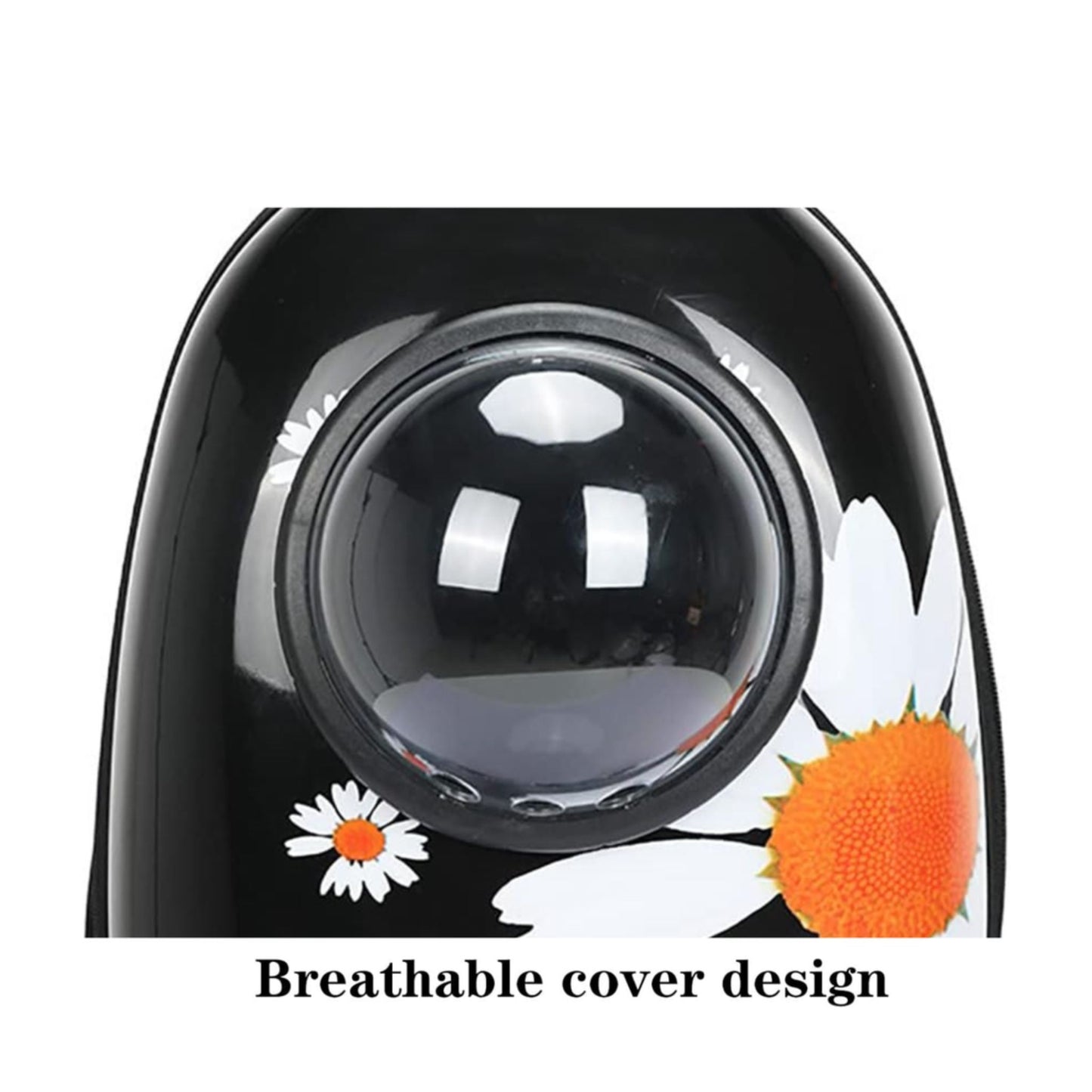 Black pet carrier with breathable cover design featuring a daisy and sunflower illustration.