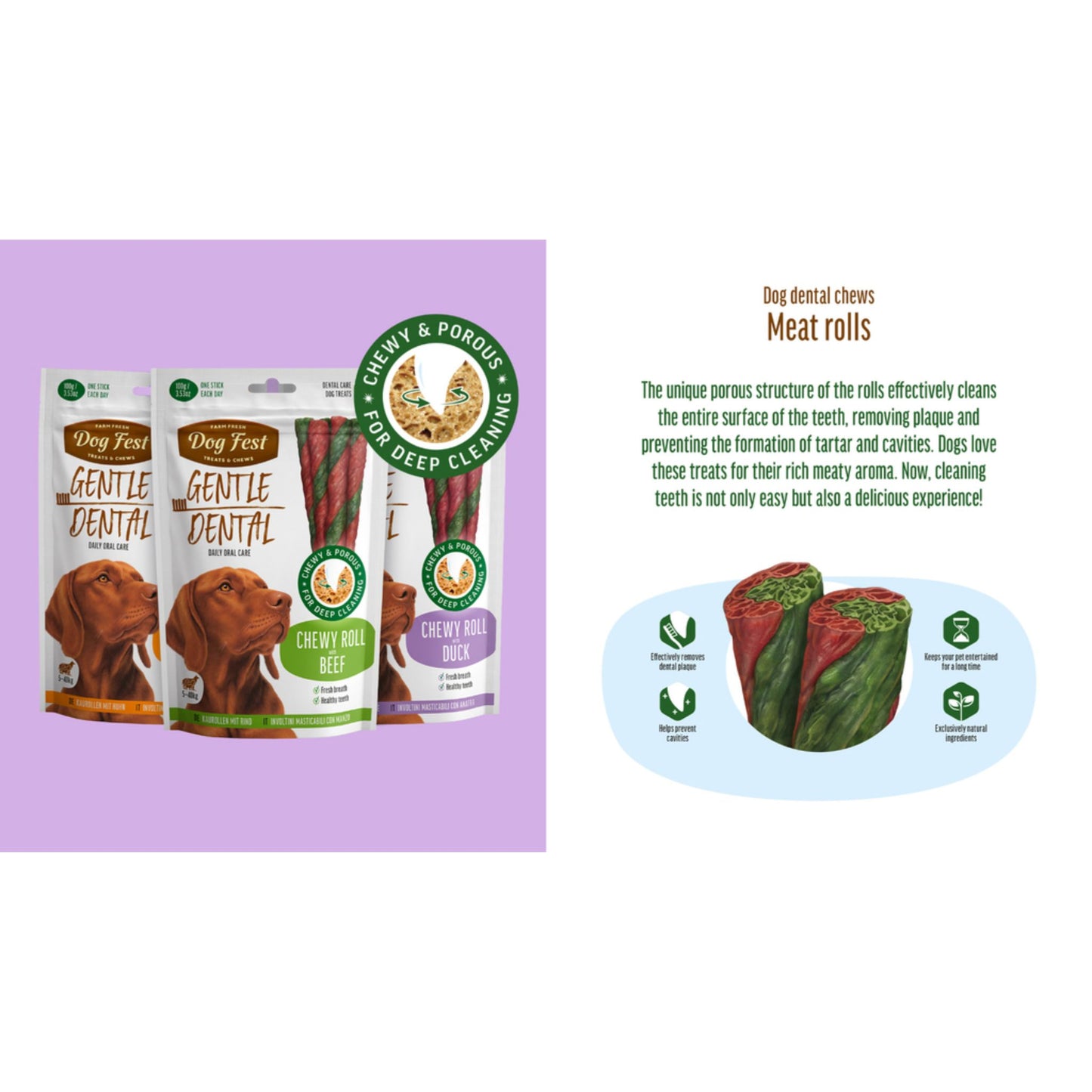 Dog dental chews packaging with text on a purple background