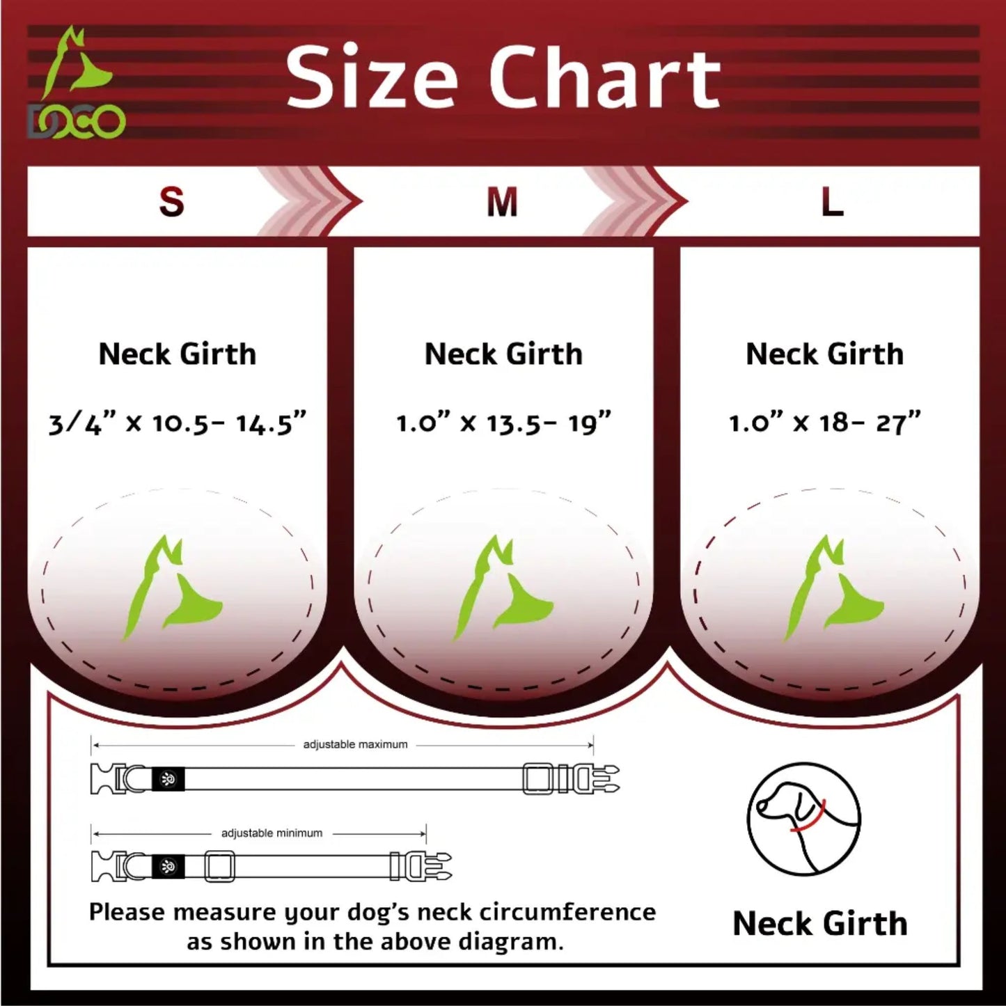 Dog collar size chart with neck girth measurements for small, medium, and large dogs.