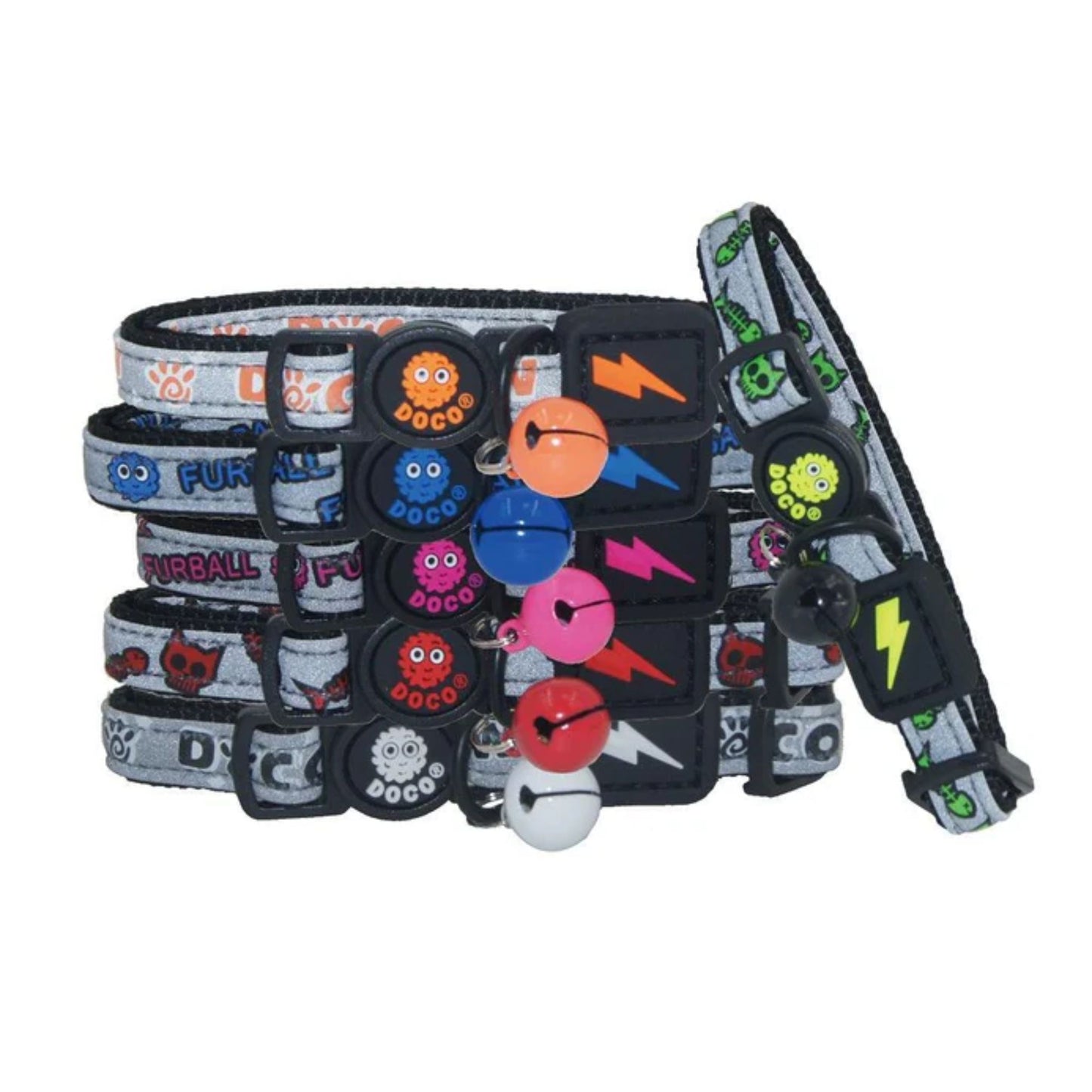 Colorful dog collars with various designs on a white background