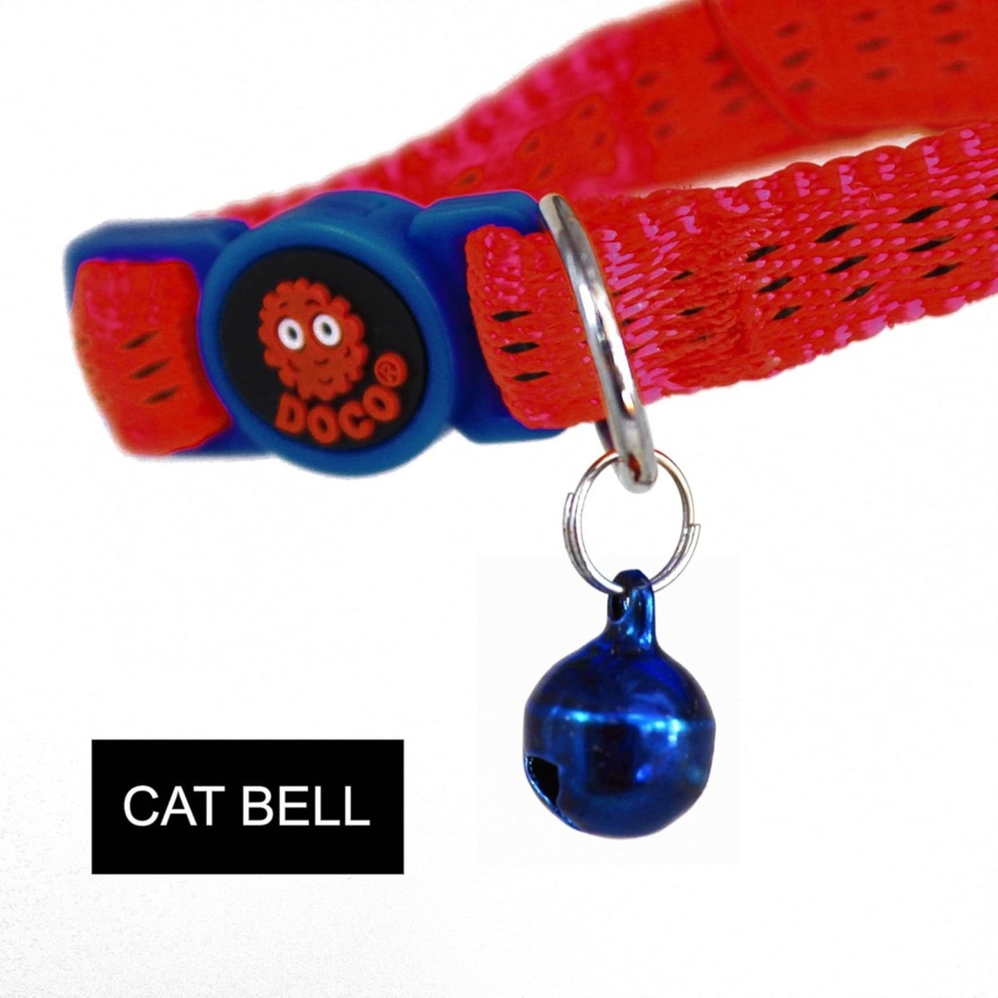 Red cat collar with a blue bell and Doco brand logo on a white background
