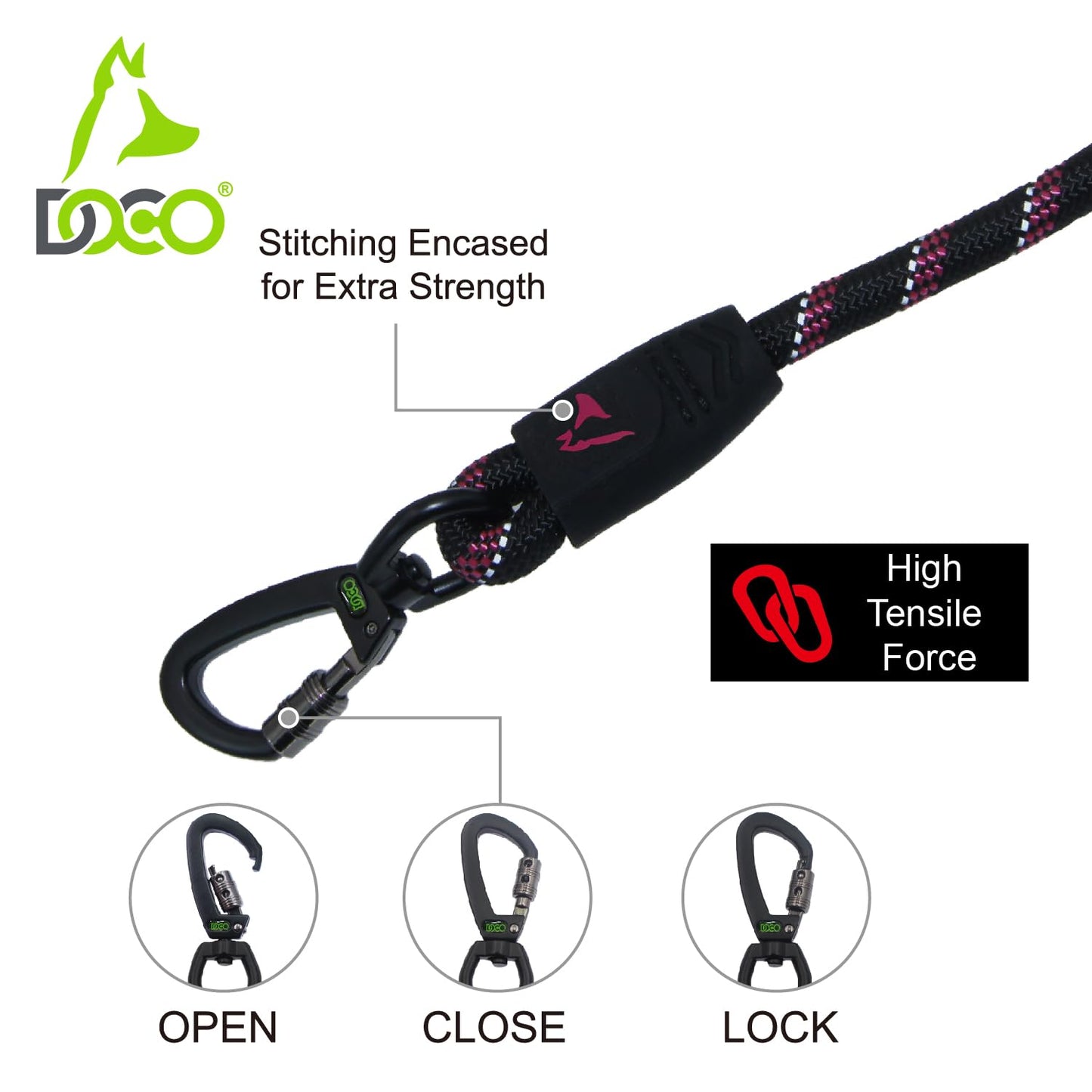 Doco 5Ft Reflective Rope Leash With Click & Lock Snap (Dcrope5060)Color: Pink, Sizes: S