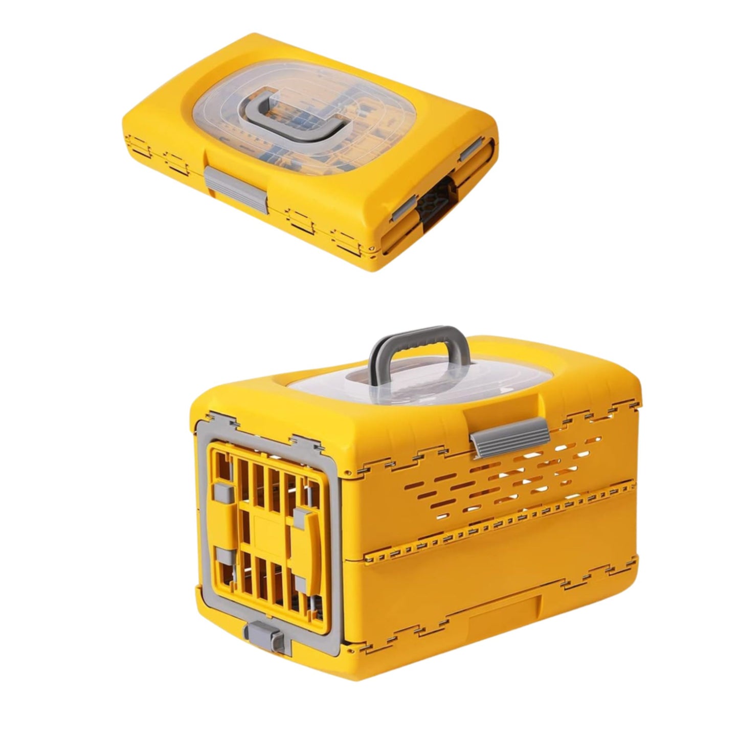 Yellow and grey tool box with multiple compartments on a white background
