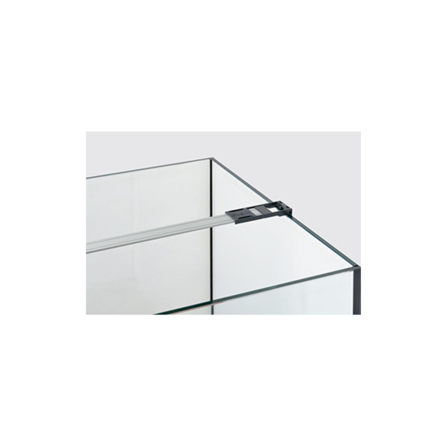 Clear glass shelf with black metal bracket on a white background