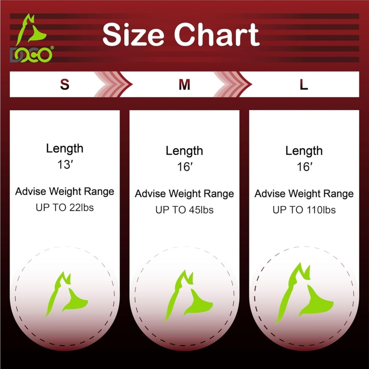 Size chart for a product with dimensions and weight ranges.
